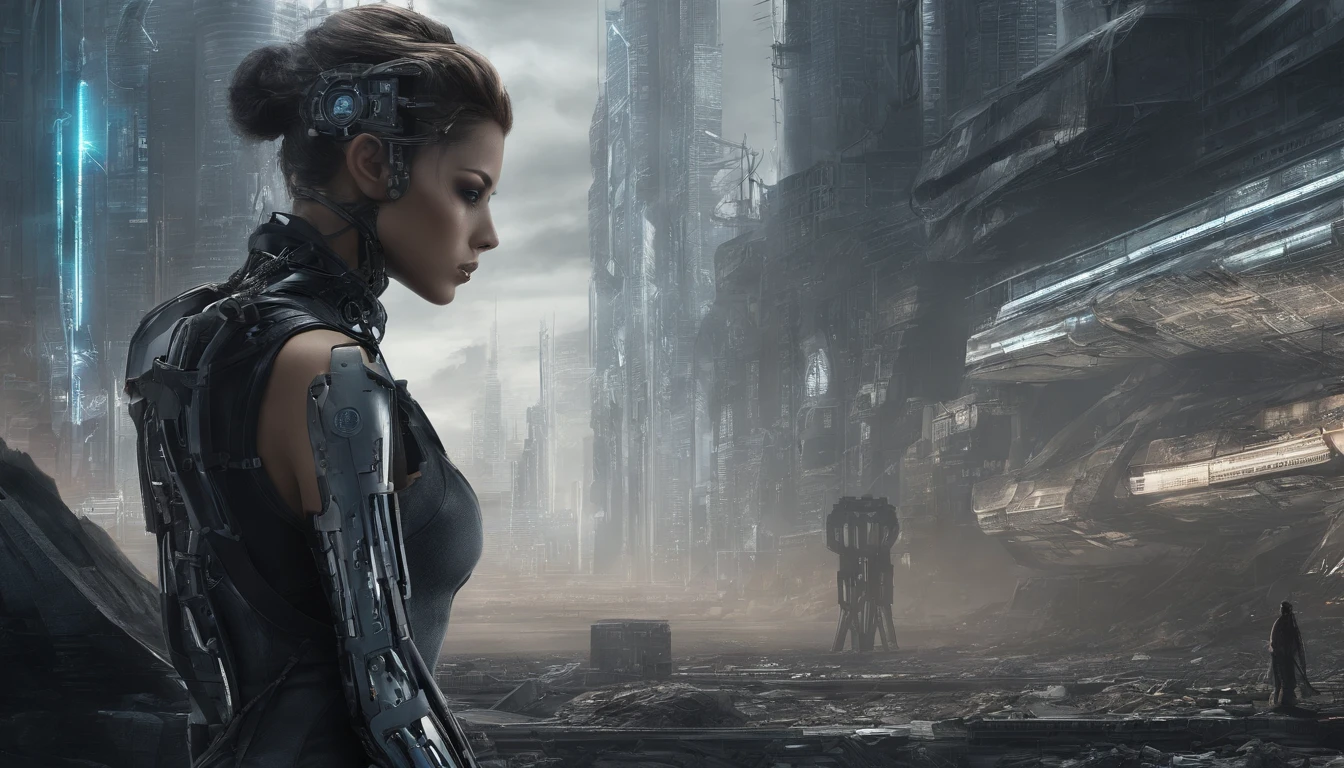 In a futuristic metropolis, Cyborg Woman, Her clothes were torn to shreds, Standing against the backdrop of towering holographic billboards, In a sea of bustling crowds, It shows the fusion of man and machine in the cyberpunk world., digital art, High-resolution rendering,