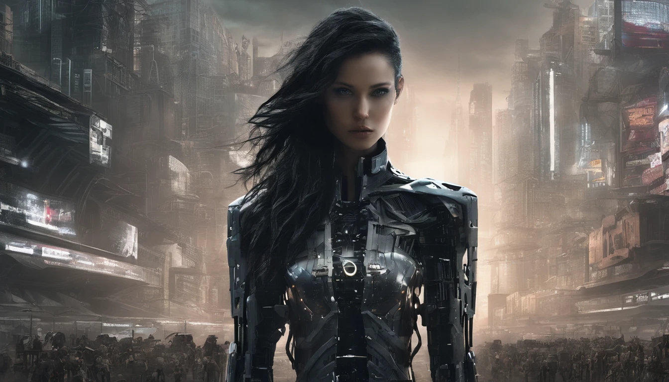 In a futuristic metropolis, Cyborg Woman, Her clothes were torn to shreds, Standing against the backdrop of towering holographic billboards, In a sea of bustling crowds, It shows the fusion of man and machine in the cyberpunk world., digital art, High-resolution rendering,