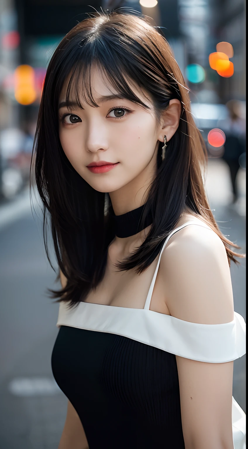 randome pose, mix4, (8K, Raw photography, top-quality, ​masterpiece: 1.45), (realisitic, Photorealsitic: 1.37), one girls, cute little, A smile、Cityscape, natta, profetional lighting, cafes,street,photon maping, Radio City, physically-based renderingt, Gradient black hair, white  hair, Semi-long loose hair, a handsome, girl with, large full breasts,Dress-off shoulder, top quality photo, hight resolution, 1080p, (clearface), (Detailed face description), (Detailed hand description), (​masterpiece), realisticlying, extreme light and shadows, dishevled hair, ​masterpiece, lush detail, (Fine facial features), (Highest Quality Photos), (​masterpiece), (finely eye), dual、Look in front of you, Fine clavicle,Emphasis on the armpits、Show lower milk