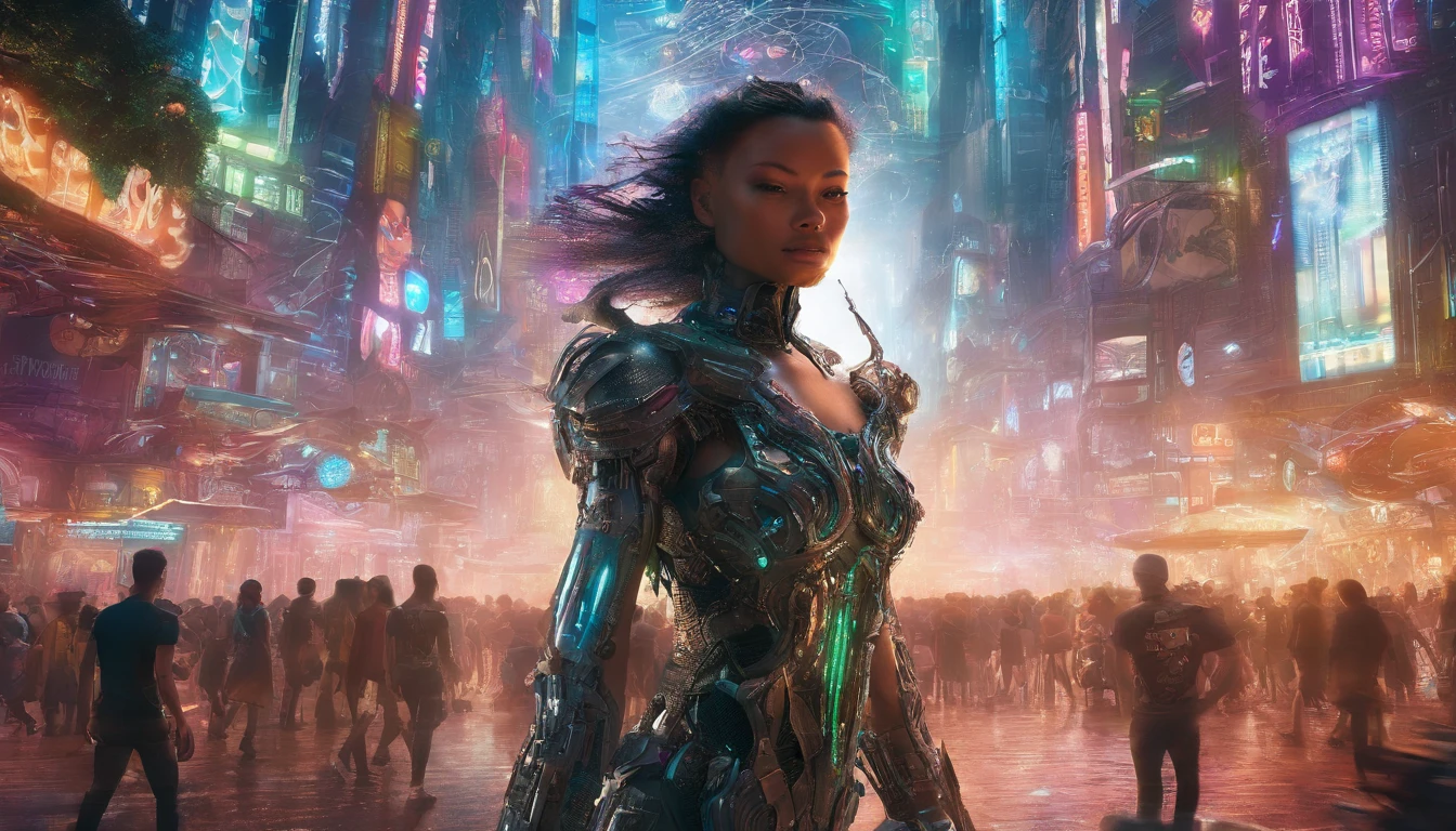In a futuristic metropolis, Cyborg Woman, Her clothes were torn to shreds, Standing against the backdrop of towering holographic billboards, In a sea of bustling crowds, It shows the fusion of man and machine in the cyberpunk world., digital art, High-resolution rendering,