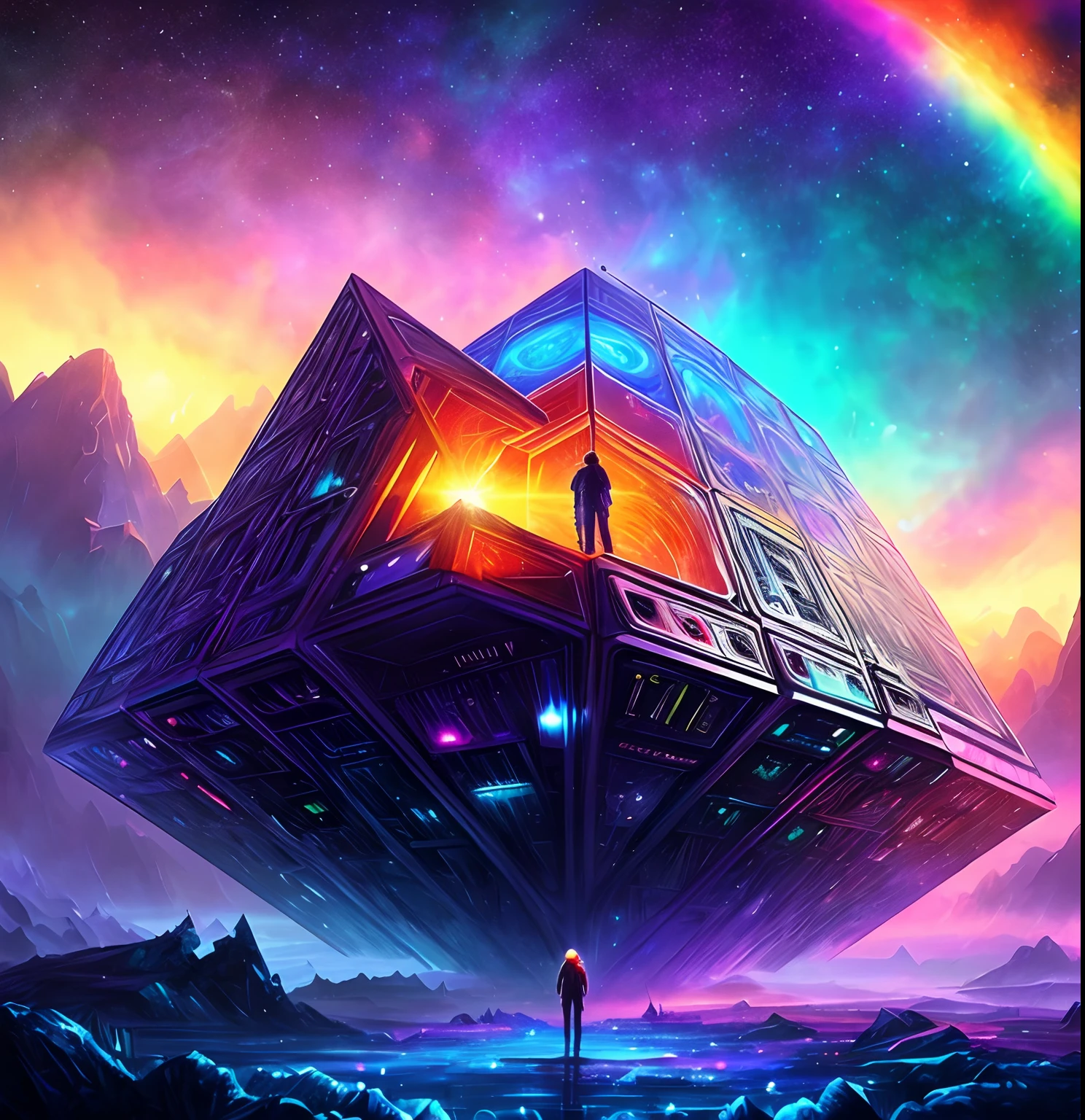 Alien cubes of the cosmic hypercube, Epic Music album cover, arte de fundo, epic surrealism 8k oil painting, album cover concept art, arte do bipe, music album art, inspirado em Cyril Rolando, Dan Mumford Tom Bagshaw, epic stunning atmosphere, Harmonia do Universo, surreal mystical atmosphere, music album cover, Psychedelic, terror, Lovecraft, cores roxas, rainbow colors