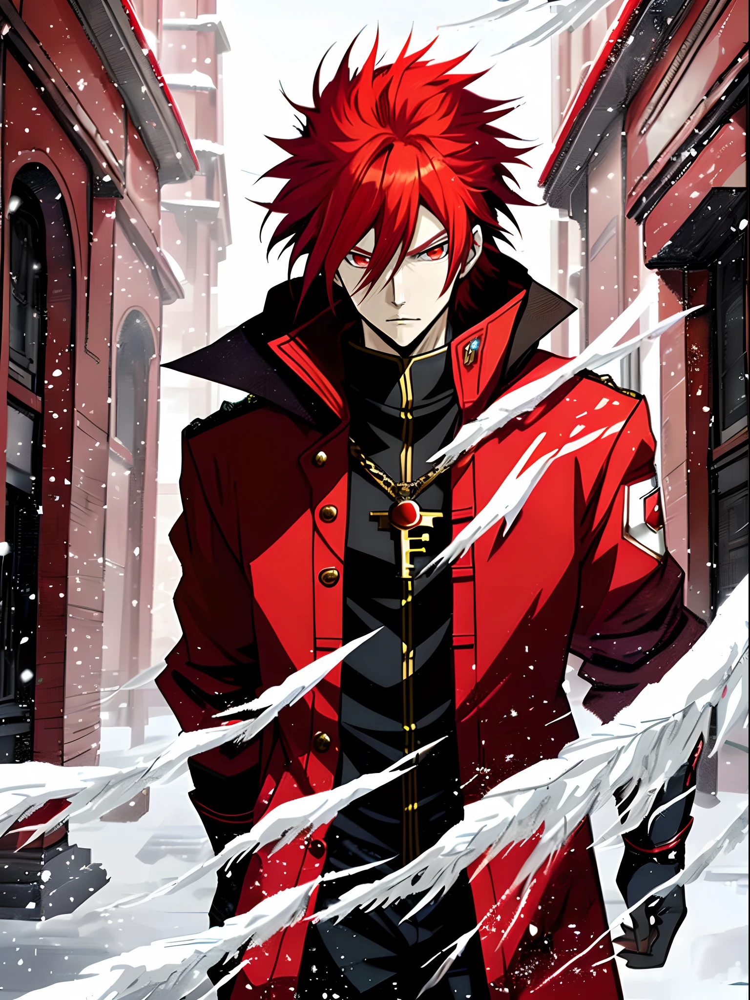 Anime characters with long red hair and red eyes in snowy landscapes, Red Ice Mage,Tall anime guy with red eyes, Key anime art。male anime character, Detailed key anime art, full portrait of magical knight, Red coat, Has red ice power