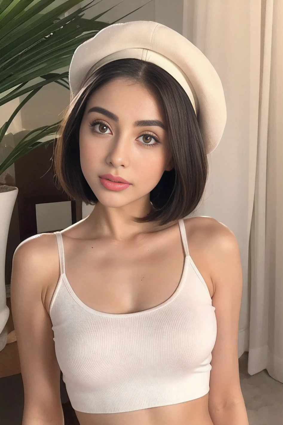 ((Realistic lighting, Best quality, 8K, Masterpiece: 1.3)), Clear focus: 1.2, 2girl, Perfect Figure: 1.4, ((short bob hair)), (crop white top and a cap: 1.4), , , Super fine face, Fine eyes, Double eyelids, woman is posing in a seductive way,  inspired by Gina Pellón, instagram, tachisme, violet myers, lorena avarez, olivia culpo, alanis guillen, looks like laura barriales,  sophie mudd, tanned ameera al taweel, beautiful iranian woman, full body image