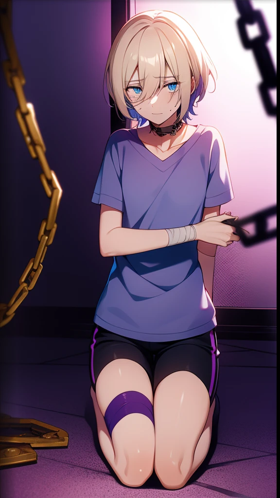 eichi tenshouin, blue eyes, short blonde hair, girl, 1girl, chains, basement, kidnapped, chained, hands chained, bruises, abuses, scary, blood dripping, kidnap, victim girl, solo girl, solo, wearing white tshirt, black shorts, slim legs, bandages, chains, chained, abused, purple bruises, bruises around eyes,  chained arms, kidnapping  chained neck, collar, dog collar on girl