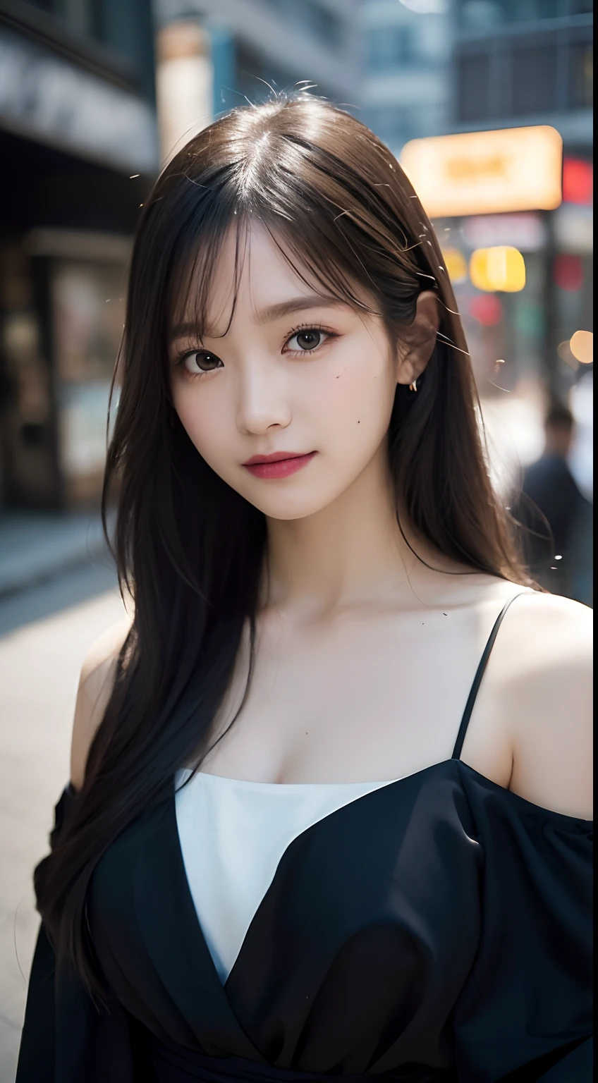 masterpiece, best picture quality, high quality, beautiful girl, Japanese, Japanese school girl, popular Korean makeup, detailed, swollen eyes, detailed eyes, detailed skin, beautiful skin, ultra high resolution, (reality: 1.4), very beautiful, slightly younger face, beautiful skin, slender, (ultra realistic), (illustration), (high resolution), (8K), (highly detailed), (best illustration), (beautifully detailed eyes), (super detailed), (wallpaper), (detailed face), looking at viewer, fine details, detailed face, pureerosfaceace_v1, smiling, looking straight ahead, looking straight ahead, angle from waist up, realistic photo, bright lighting, professional lighting, blonde, long hair, dark ruins, big red moon, gorgeous red and black dress, mature woman, long stylish bangs,キスショット・アセロラオリオン・ハートアンダーブレード