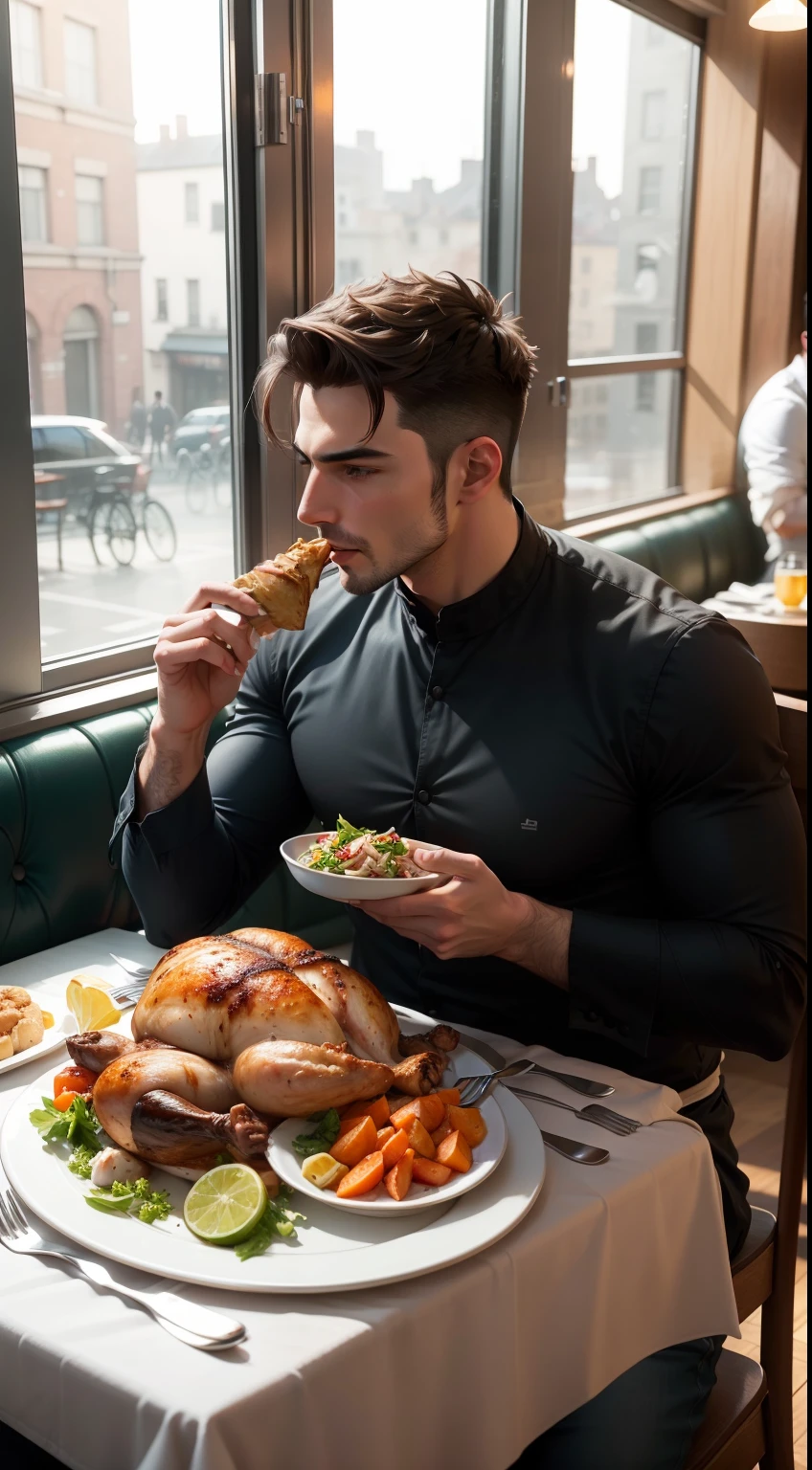 Two men eating at a restaurant,There was a large plate of roast chicken on the table,The background is a window