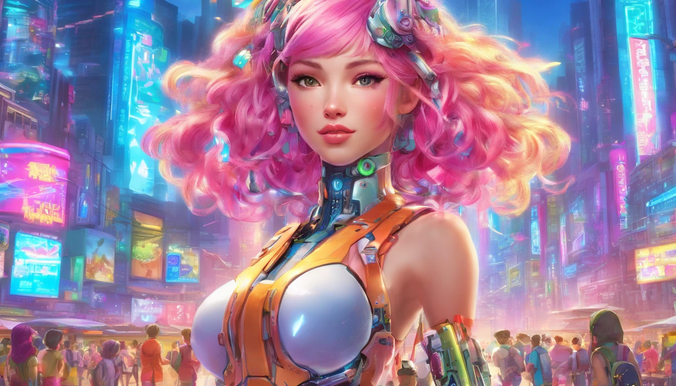 In a futuristic metropolis, Cyborg Woman, Her clothes were torn to shreds, Standing against the backdrop of towering holographic billboards, In a sea of bustling crowds, It shows the fusion of man and machine in the cyberpunk world., digital art, High-resolution rendering,