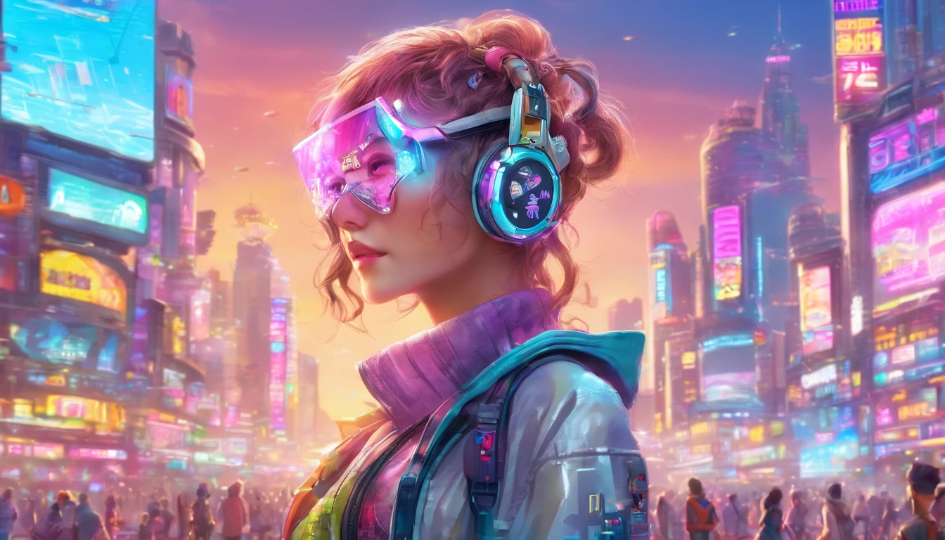 In a futuristic metropolis, Cyborg Woman, Her clothes were torn to shreds, Standing against the backdrop of towering holographic billboards, In a sea of bustling crowds, It shows the fusion of man and machine in the cyberpunk world., digital art, High-resolution rendering,