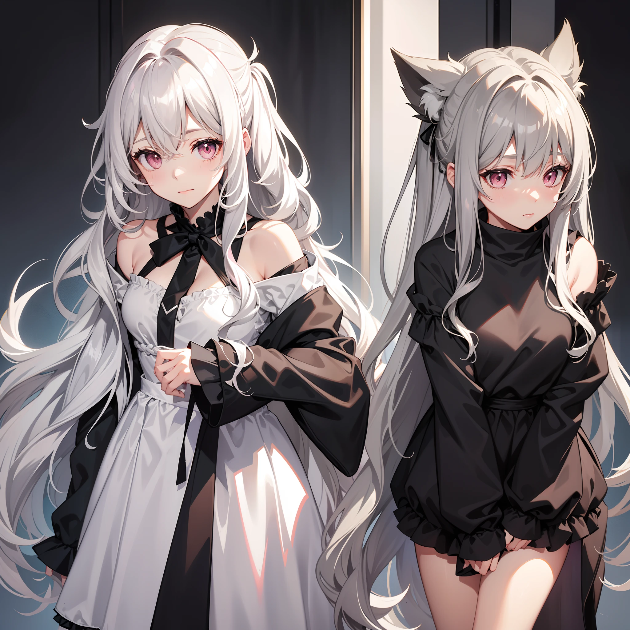 Grayish and messy, showing long hair in the ears,Two strands of hair curtain,Dull hair,Slightly curly hair,Pink eyes,Long black off-the-shoulder sleeves,Black hairpin,expressiveless,Dumb cute,chiquita,