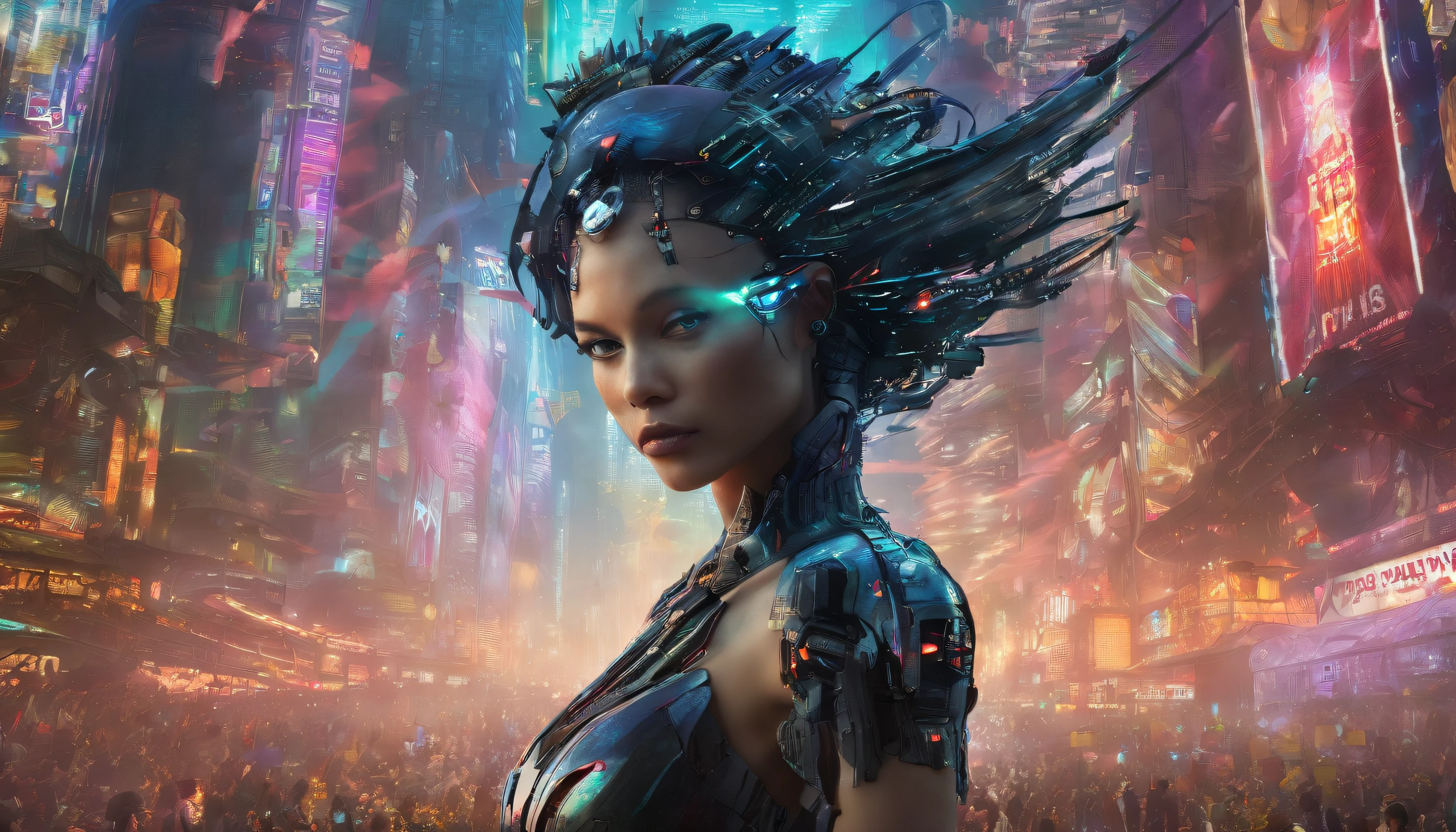 In a futuristic metropolis, Cyborg Woman, Her clothes were torn to shreds, Standing against the backdrop of towering holographic billboards, In a sea of bustling crowds, It shows the fusion of man and machine in the cyberpunk world., digital art, High-resolution rendering,