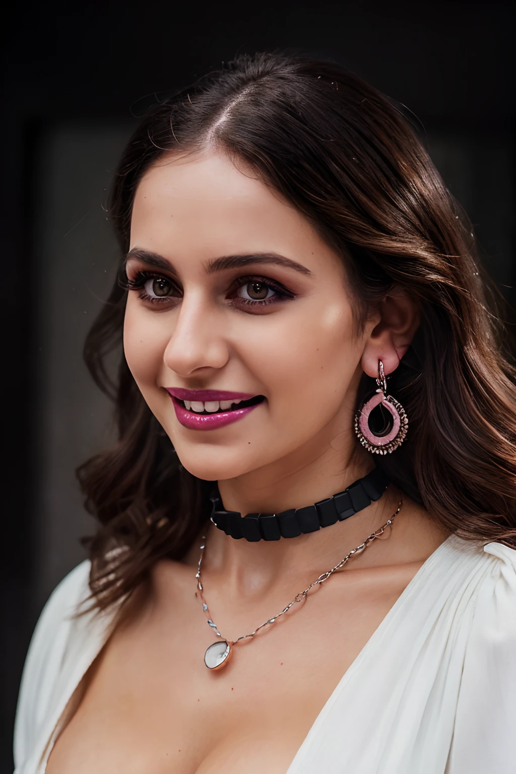 Close up photo of cleavage, Wavy brown hair, (RAW photo, realism: 1.8), (very dark lip gloss, jet black lipstick, smile, many eyelashes, dark black eye shadow, shy, blushing, high quality, high resolution, depth of field, chromatic aberration, caustic, wide light, natural colors, 30 year old woman), necklaces, chokers, earrings, bracelets, wear many accessories, wearing traditional clothes, white color dress, beautiful eyes, The Casual Hip Stance poses, 8k results, high resolution, realistic,