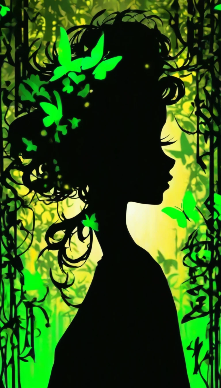 (Silhouette Art,cutouts:1.6)
(((Paper cutting art,A world where only black exists:1.3)
(Cowboy Shot),1 girl,Solo,
(Kimono Girl,profile:1.2),white, Clear and beautiful face,
BREAK
(Lots of fireflies、Green light)
Textured glass background,