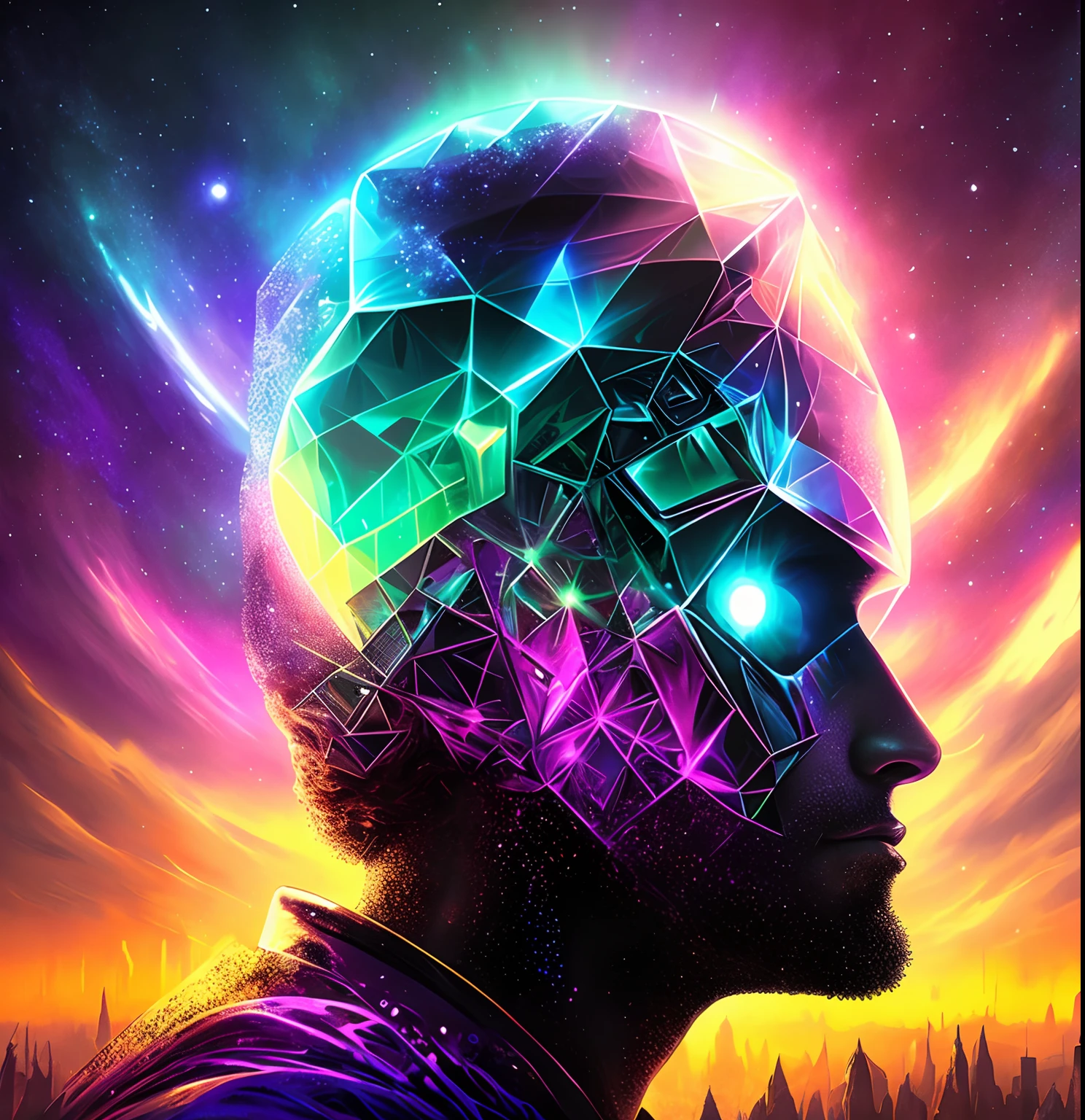 Alien cubes of the cosmic hypercube, Epic Music album cover, arte de fundo, epic surrealism 8k oil painting, album cover concept art, arte do bipe, music album art, inspirado em Cyril Rolando, Dan Mumford Tom Bagshaw, epic stunning atmosphere, Harmonia do Universo, surreal mystical atmosphere, music album cover, Psychedelic, terror, Lovecraft, cores roxas, rainbow colors