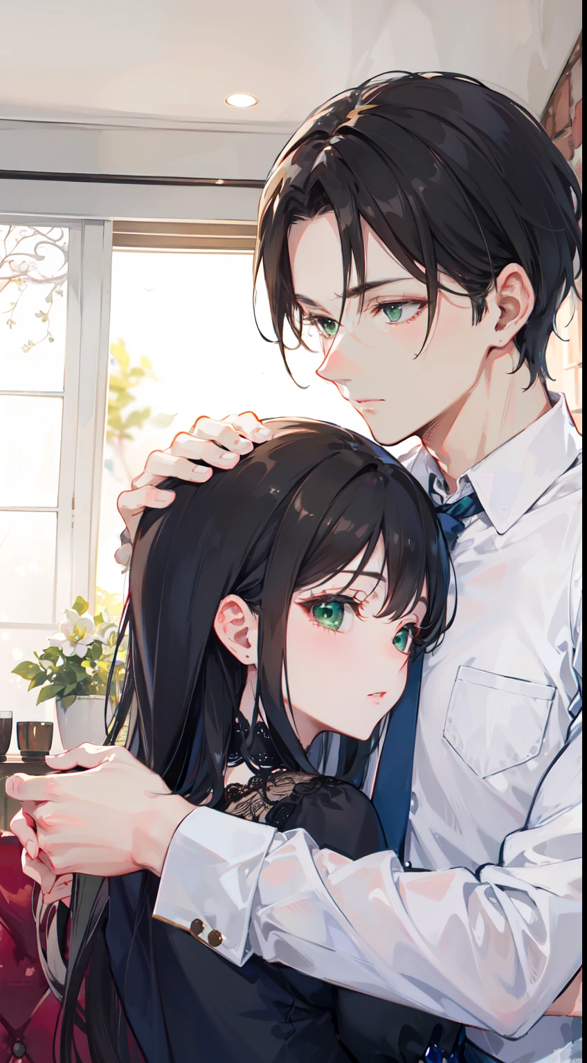 "4k romantic fantasy scene: mature couple embracing tenderly. The man with black hair and black eyes, and the woman with elegantly tied brown hair and mesmerizing green eyes."