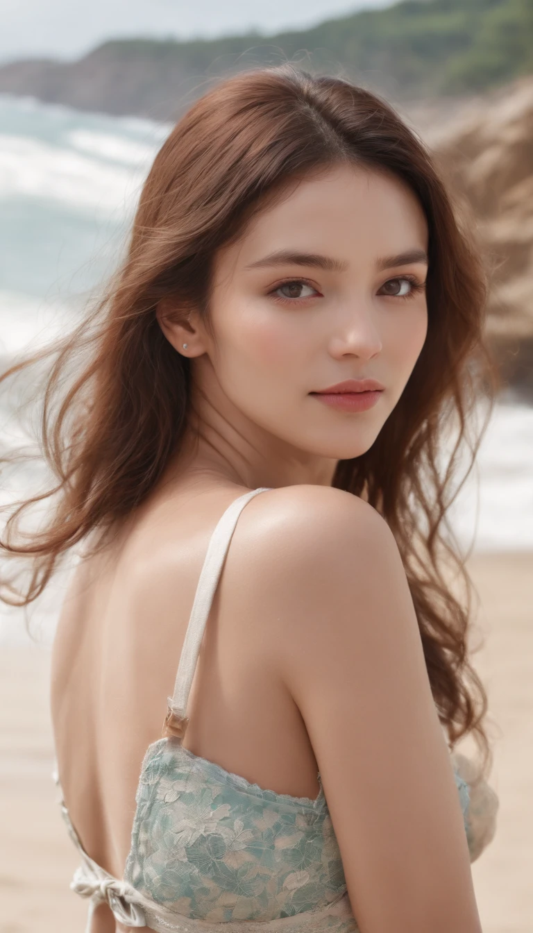 photorealistic perfect body、japanese model、A 20-year-old girl wearing a white bikini swimsuit、they hug each other happily、play on the beach、wave and smile、Float Ring、Water droplets fly and hit my face、close one eye、healthy beauty、sexy