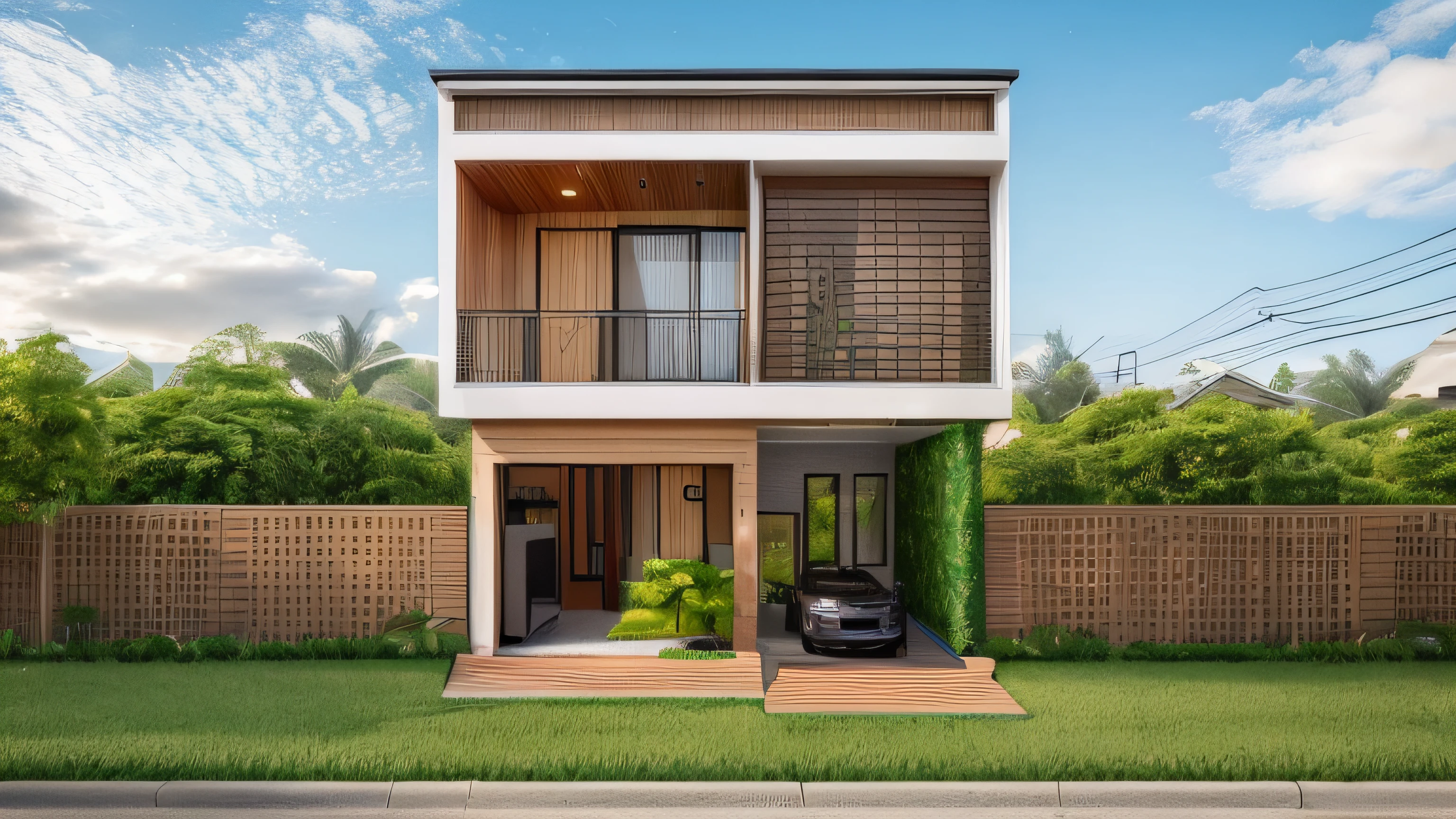 A modern two-story residential building with a unique and eye-catching color scheme, set amidst lush trees. The house features wooden flooring, and there's a charming plant tub in the front yard.