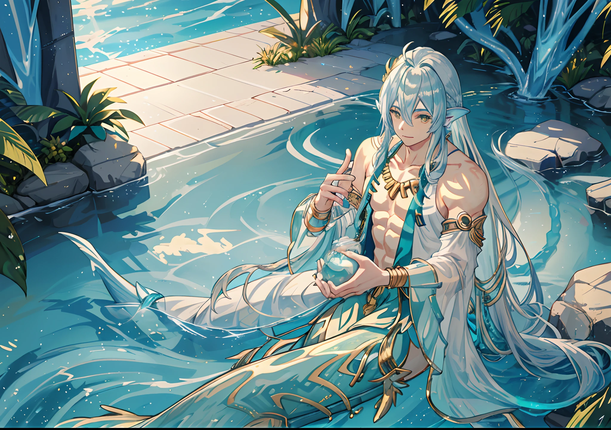 A mature male Chinese merman is depicted in anime style, with beautiful big aqua ear fin, aqua fins attached on hands, long golden fish tail, golden eyes, silver hair, long silver hair, holding a big golden triton, wearing a golden crown with shining jewelry, water splashing background, he is a merman not a human,1boy,male,golden mermaid