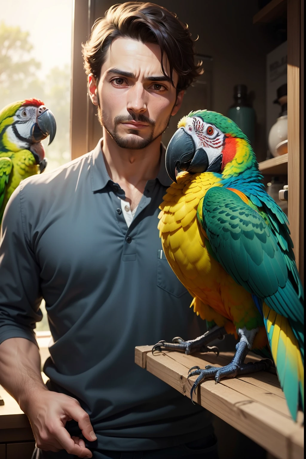 The man looked at the parrot，The man's expression was surprised