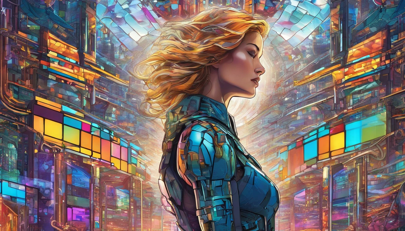 In a futuristic metropolis, Cyborg Woman, Her clothes were torn to shreds, Standing against the backdrop of towering holographic billboards, In a sea of bustling crowds, It shows the fusion of man and machine in the cyberpunk world., digital art, High-resolution rendering,