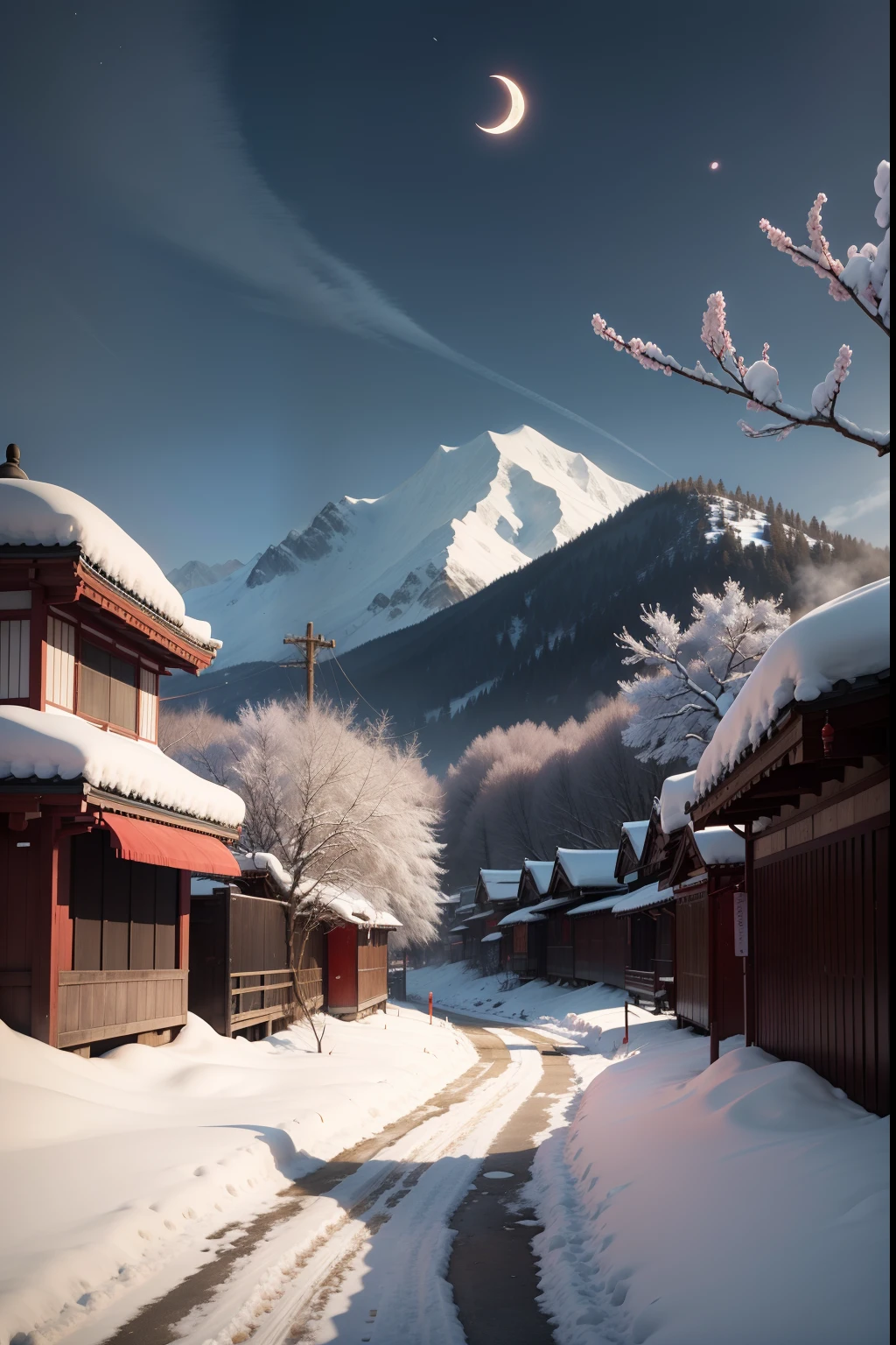 The plum blossoms of Sanjiu reddened the snow of the mountains,The depression is shadowy, and the crescent moon sleeps