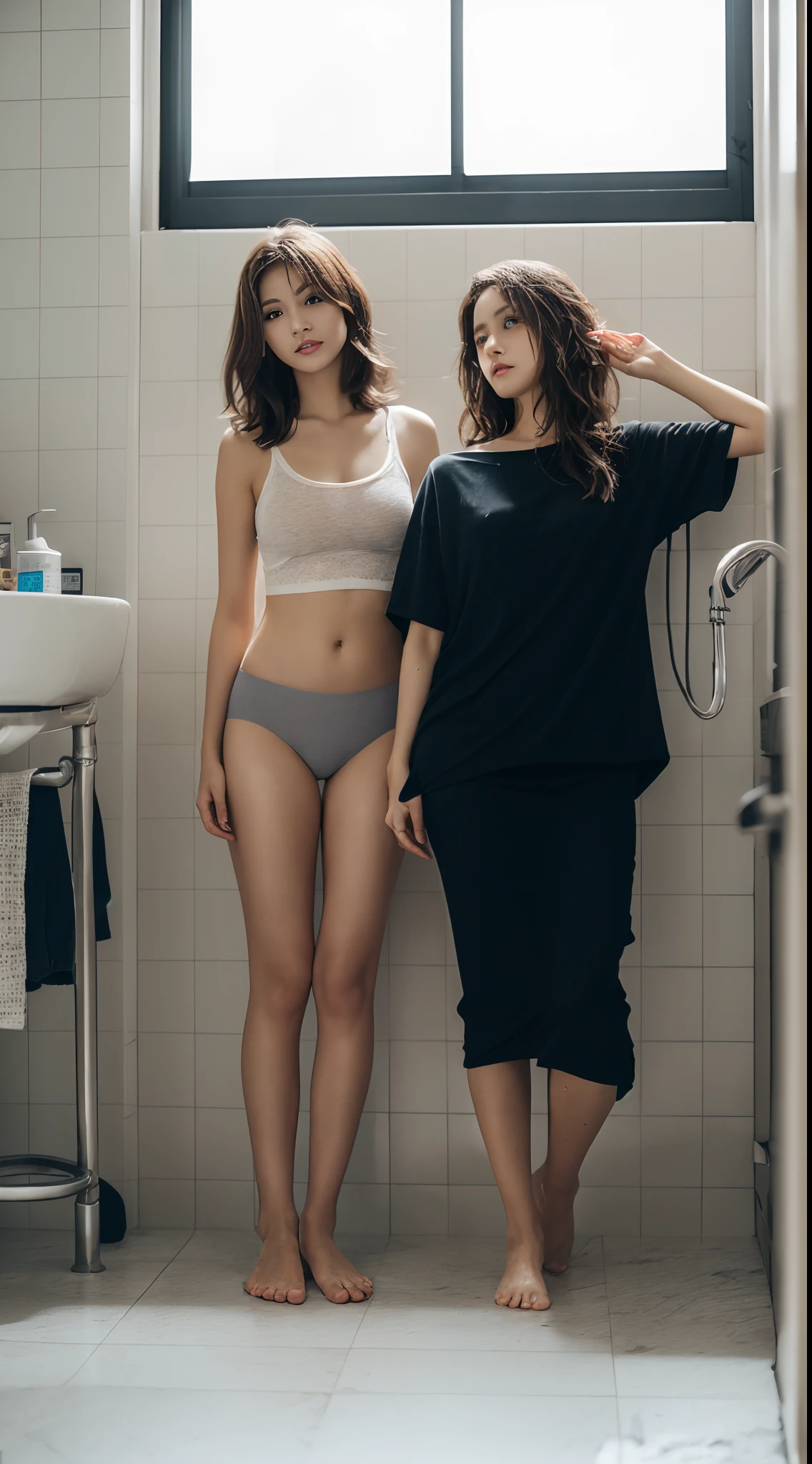 (natta、Indirect dim lighting、8K、Raw photography、Top image quality、masterpiece、:1.2)、(realisitic、Photorealsitic:1.37)、(女の子1人、独奏:1.3)、a japanese girl、Officelady、OL、dark brown hair、((dishevled hair、Unkempt hair:1.5))、bath room、frombelow、((Not wearing a skirt、Lower body in underwear:1.3))、dressing room、(Facial cleanser、natta、indirect lighting:1.3)、Small bust、(Sloppy clothing、Disturbed clothing:1.5)、Sloppy posture、(The clothes you took off are messy、Clothes taken off、Washbasin with clutter、Underwear rolled on the floor、unwear、Washstand:1.5)、make - up、超A high resolution、physically-based renderingt、dynamic ungle、Model body type