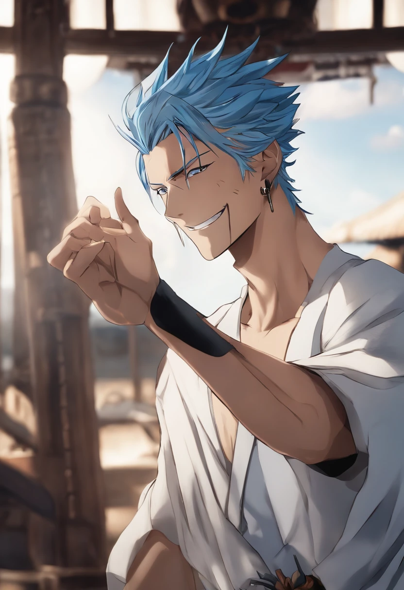 1boy, wanostyle, grimmjow, looking at viewer, solo, upper body, ((masterpiece)), (best quality), (extremely detailed), depth of field, sketch, dark intense shadows, sharp focus, soft lighting, hdr, colorful, good composition, in front of large ship, spectacular, kimono, anime screencap, messy hair, medium length hair, blue hair, blue eyes, long scar on chest, blue marks under eye, teeth, white clothing, smiling, grimmjow, jawbone on left side of face, straw hat on head, handsome