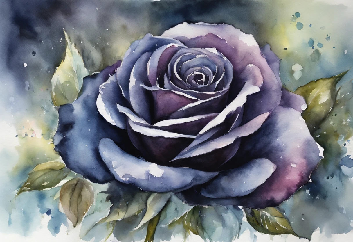 Black rose flower standing in the middle of fully frozen garden.