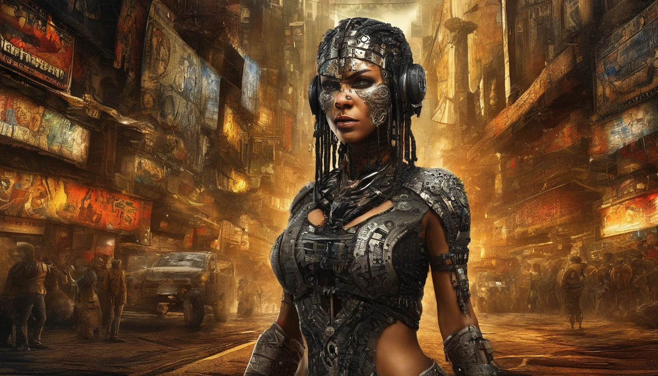 In a futuristic metropolis, Cyborg Woman, Her clothes were torn to shreds, Standing against the backdrop of towering holographic billboards, In a sea of bustling crowds, It shows the fusion of man and machine in the cyberpunk world., digital art, High-resolution rendering,