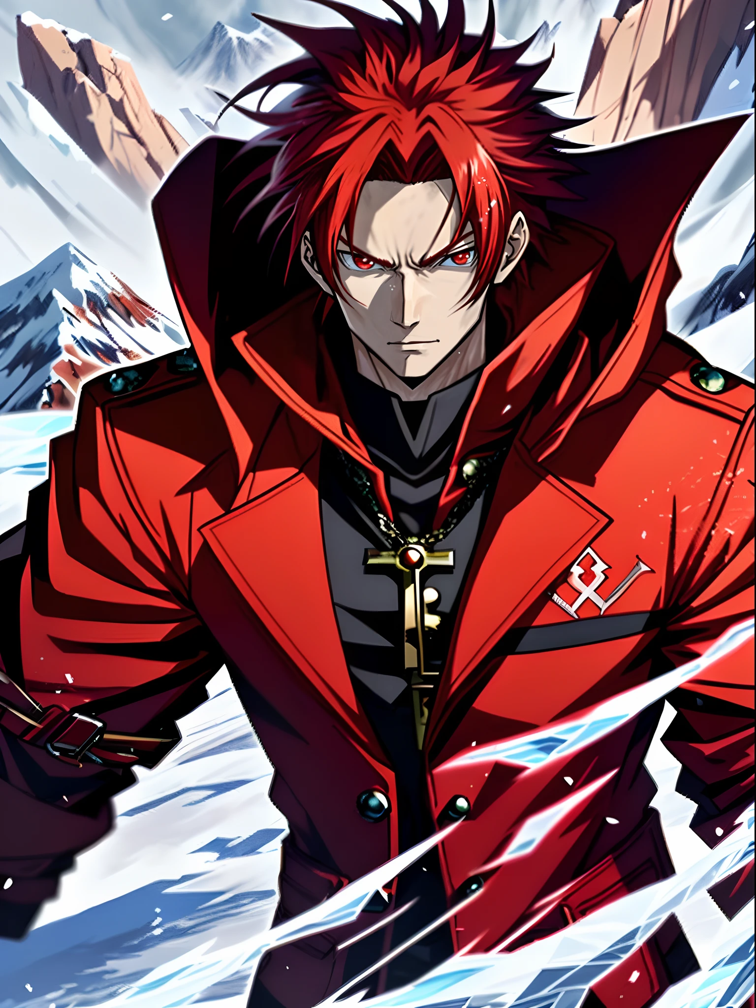 Anime characters with long red hair and red eyes in snowy landscapes, Ice Mage,Tall anime guy with red eyes, Key anime art, , male anime character, Detailed key anime art, Red coat, with ice powers
