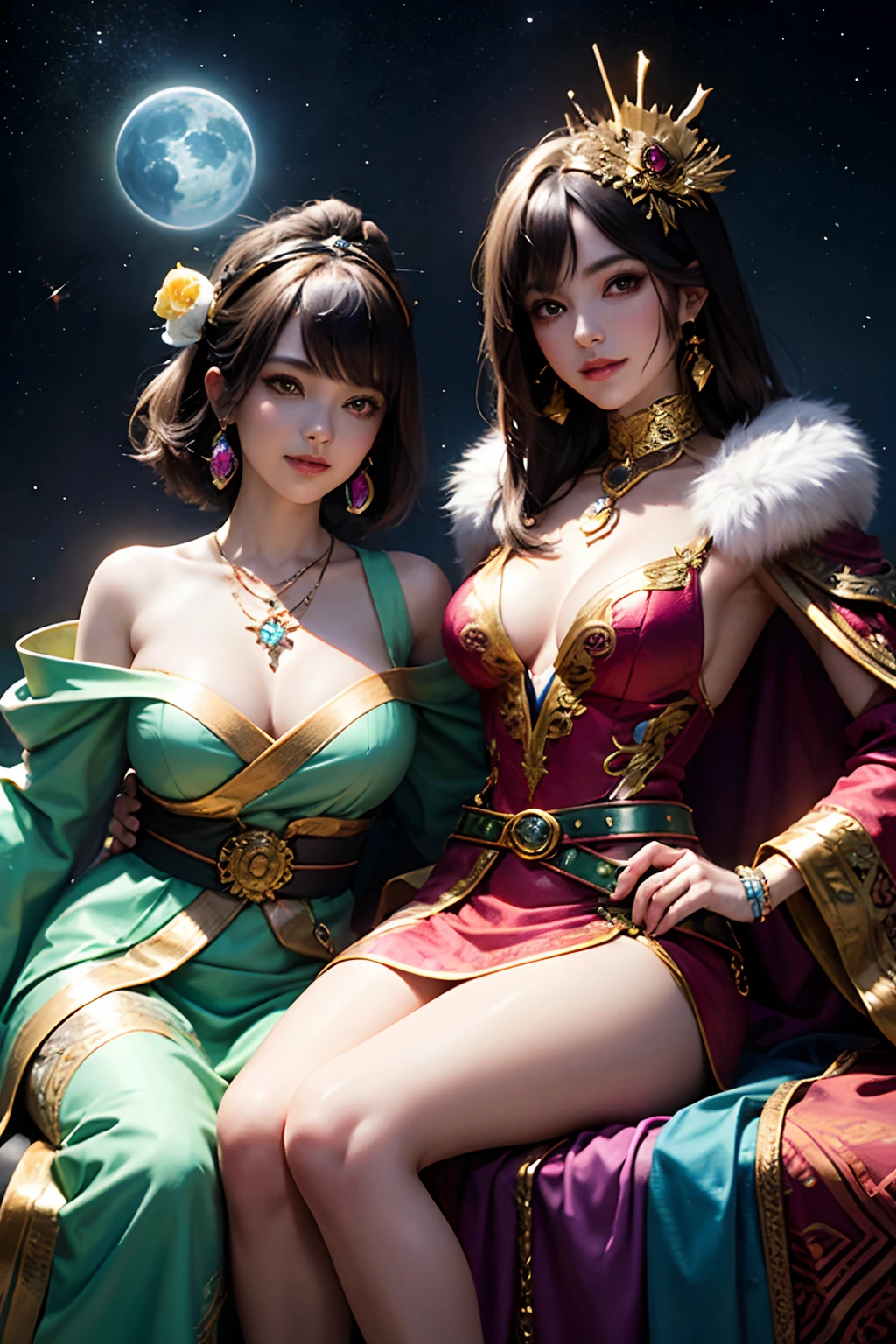 Smiling,Face focus,(Alebriès Art Style),fantasy world,fantasy,Several lesbians sitting together looking at the stars,leering,leering:1.3,Masterpiece, Best quality, intricately details, absurderes,(Urzang-6500-V1 version.1,PureFace_V1,Octane rendering),fantasyoutfit,Fantasy cosplayer,Black hair,Princess Eyes,Round pupils,Dream necklace,Fantastic ribbons,Dream rings,Fantastic jewelry,Fantastic Koser,Fantastic hair accessory,Dream belt,