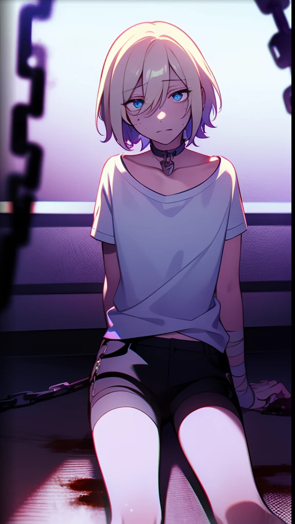 eichi tenshouin, blue eyes, short blonde hair, girl, 1girl, chains, basement, kidnapped, chained, hands chained, bruises, abuses, scary, blood dripping, kidnap, victim girl, solo girl, solo, wearing white tshirt, black shorts, slim legs, bandages, chains, chained, abused, purple bruises, bruises around eyes,  chained arms, kidnapping  chained neck, collar, dog collar on girl