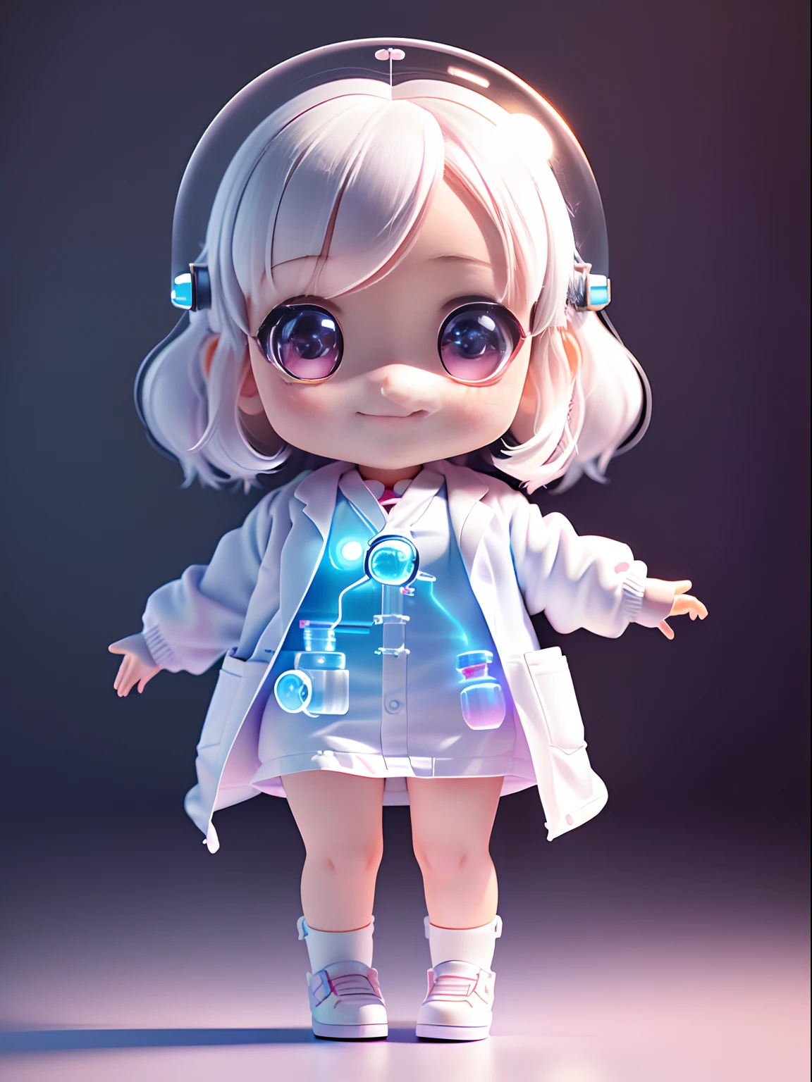 Super cute girl full body 3d drawing, 1 pc, good looking eyes, big eyes, cute, happy, c4d, pop matt blind box, glowing bubble, toy, solid color background, chibi, fluorescent translucency, luminescence, kawaii, doll, ((((scientist, white lab coat))), reference table, pop mart blind box, pixar, complex details, 3d rendering, blender, oc renderer, fol body reference sheet, dribble , High Details, 8K, Studio Lighting, Loli, Petite, Child, Chibi, SD characters: 1.1, Magic Lab background