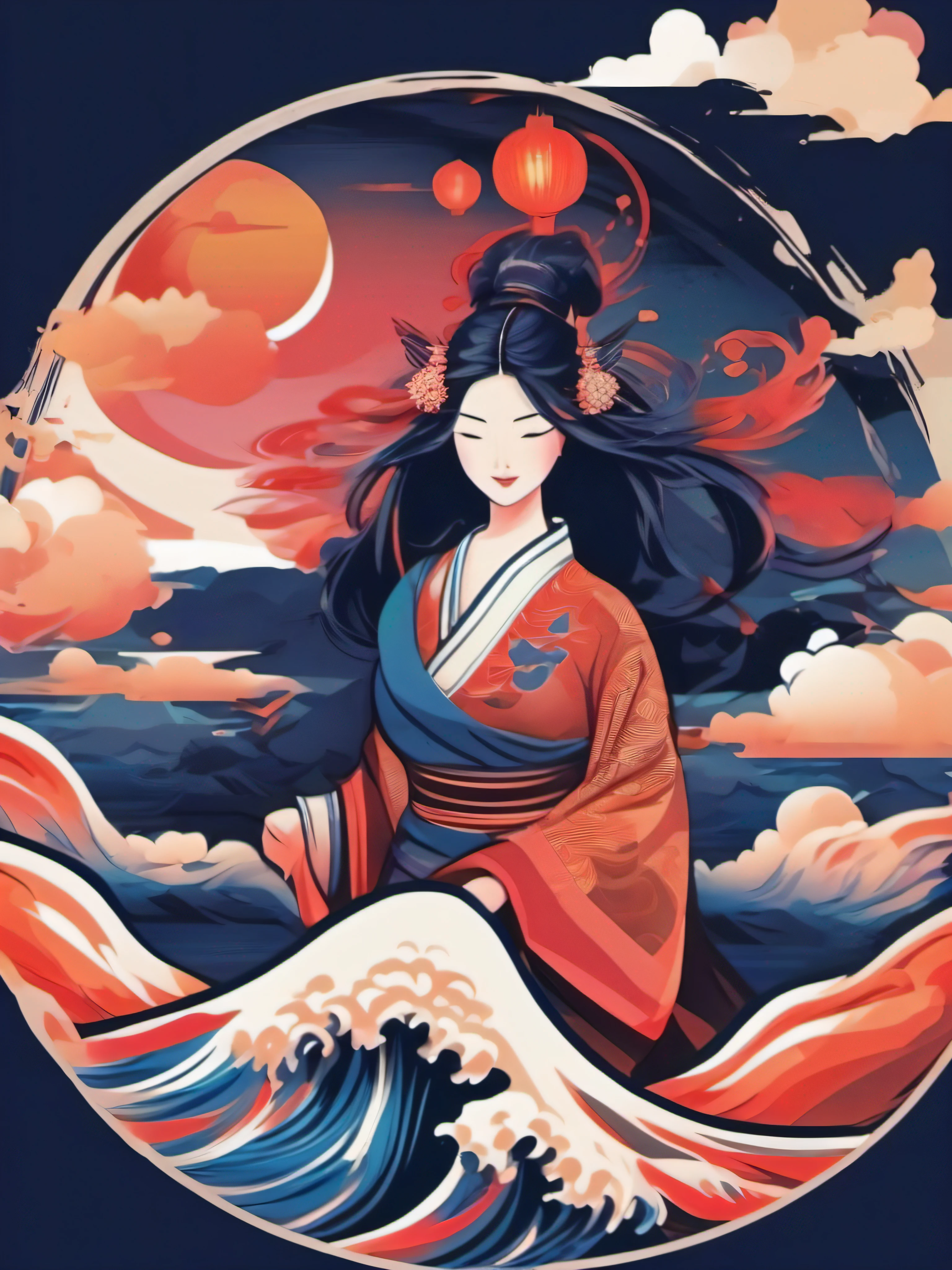 a clean t-shirt design of a woman megitsune facemask, planar vector, sunset, flat illustration, vibrant victor, colorful splashes, japanese wave, vector art, watercolor effect, digital painting, clean dark blue background, 16k