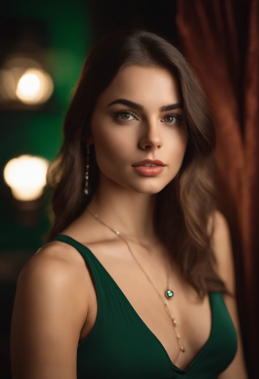 arafed woman with a red tank top and a necklace in a club, sexy girl with green eyes, portrait sophie mudd, brown hair and large eyes, selfie of a young woman, bedroom eyes, violet myers, without makeup, natural makeup, looking directly at the camera, face with artgram, subtle makeup, piercing green eyes, naked