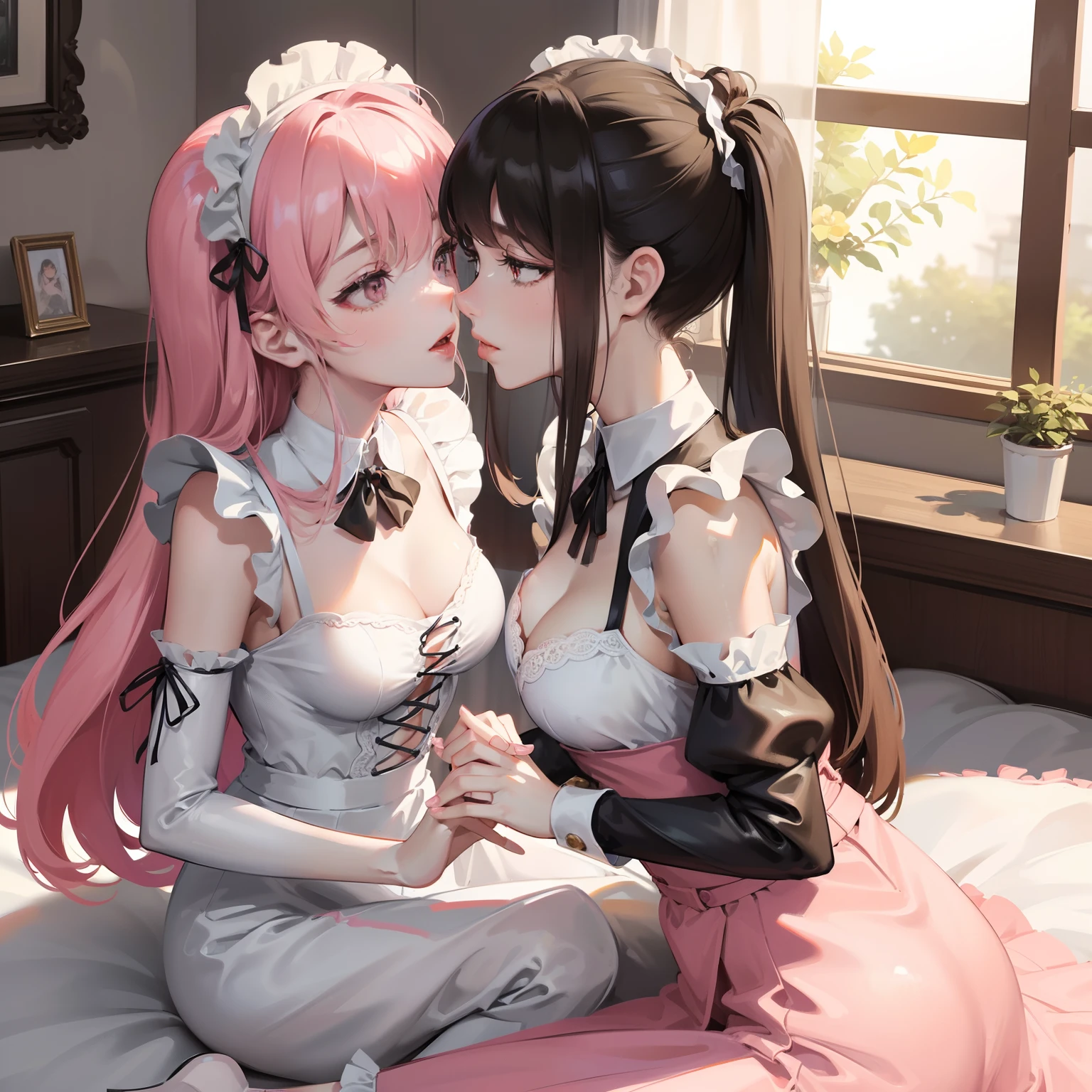 masterpiece, lots of detail, 4k, 8k, ((ultra-detailed)), highres, soft lighting, 2girls, maid outfit, couch, mouth open, blush, tongue, saliva, {green hair|red hair}, {curvy|petite}, hand on crotch, fingering