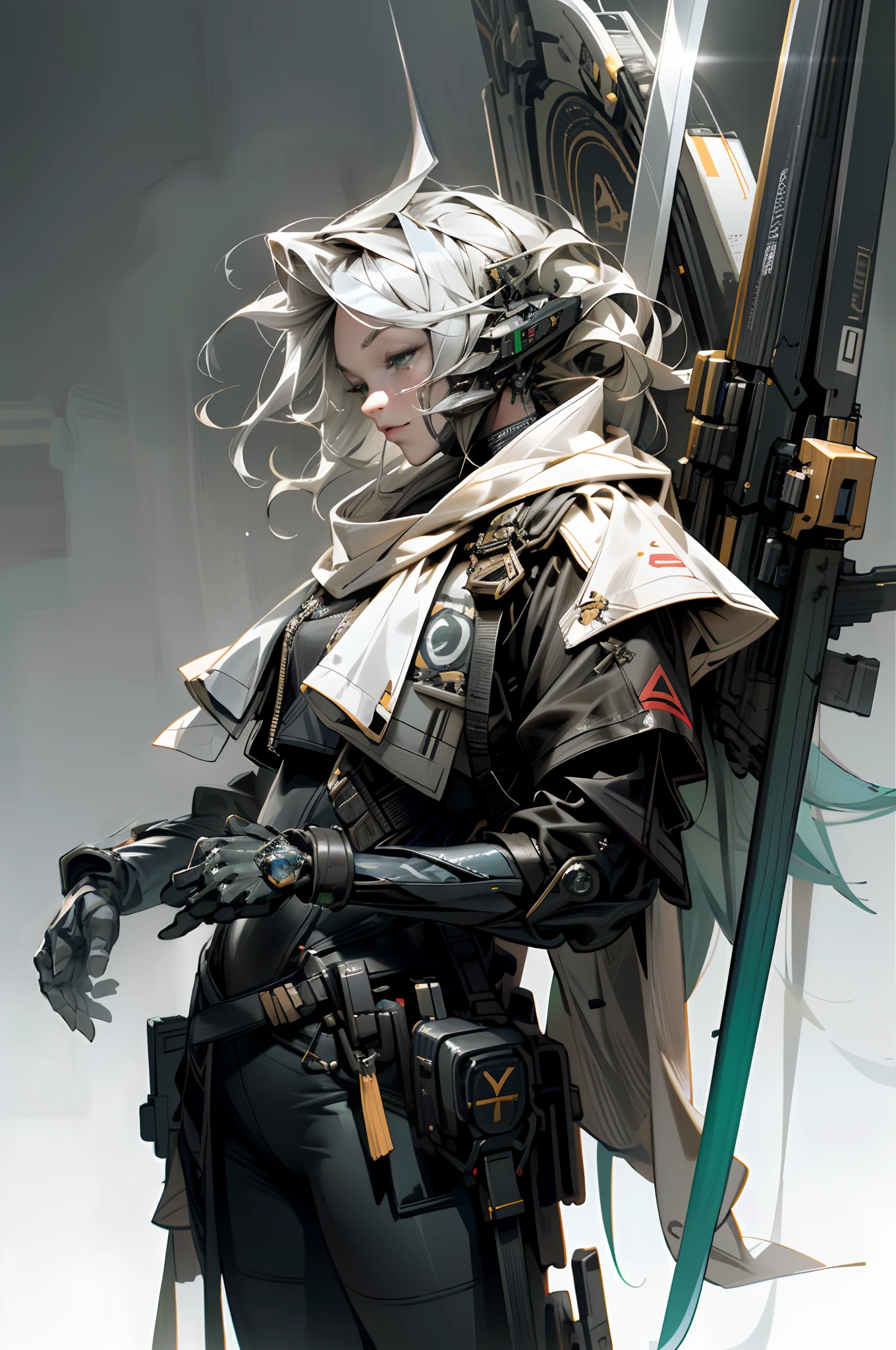 tmasterpiece，best qualtiy，cinematic ligh，offcial art，Propaganda art，movie wallpapers，Very detailed CG unified 4k wallpaper，Complicated details，white backgrounid，The upper part of the body，sface focus，concept-art，The art of production，（ , highres, (realistic, photo-realistic:1.2), physically-based rendering, machinery, reflection, realistic, cyberpunk, symmetric front view close up head shot eyes symmetry face very sharp focus realistic award winning matte drawingcinematic ligh灯光 1女孩，mechs，（illustratio：1.1），slim，White skin of the，delicated face，King's robe，shine，Tights，（cabellos largos dorados），green-eyed，battlefiled，chips，shine，long sword，((full bodyesbian))