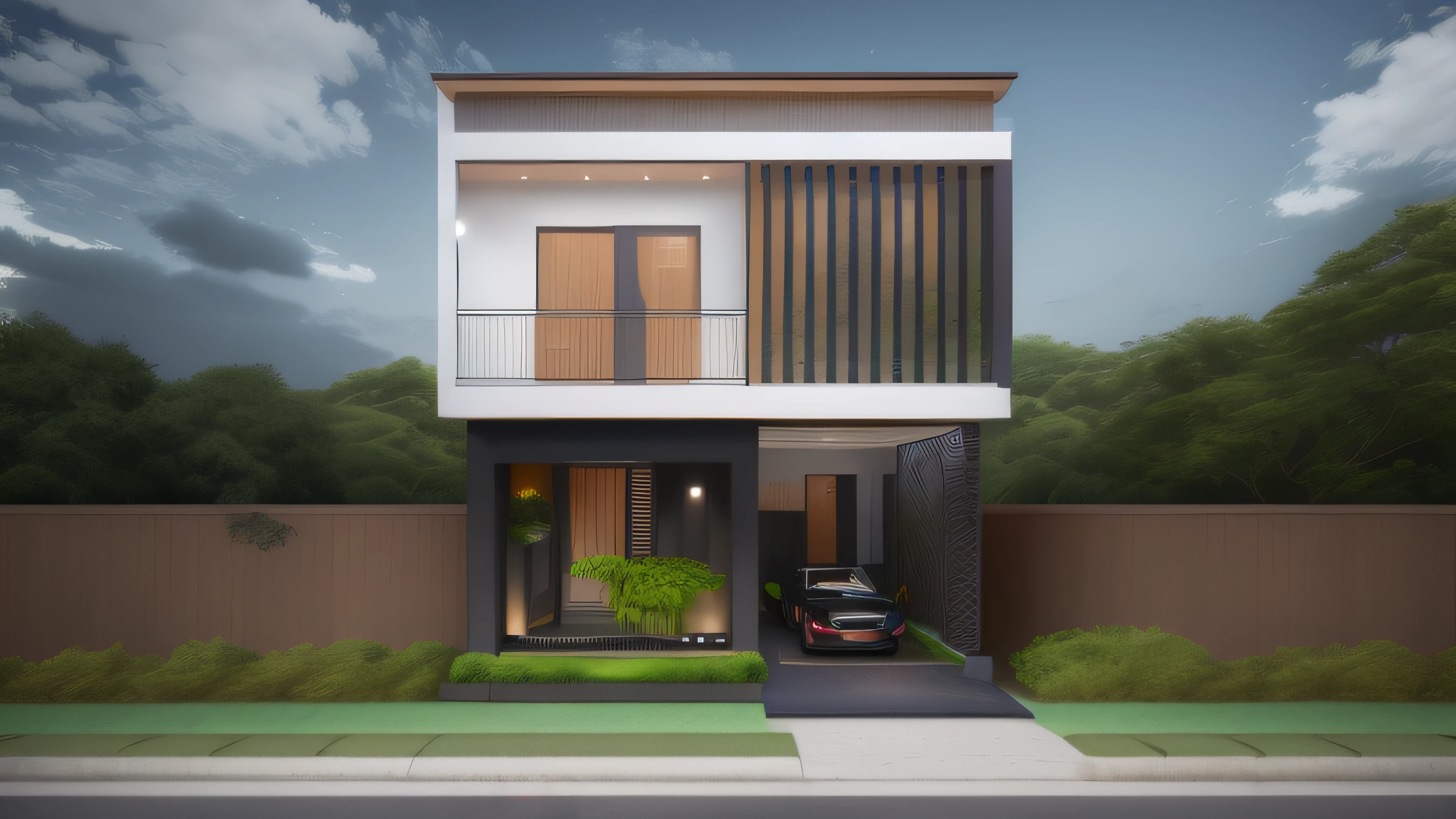 A modern two-story residential building with a unique and eye-catching color scheme, set amidst lush trees. The house features wooden flooring, and there's a charming plant tub in the front yard.