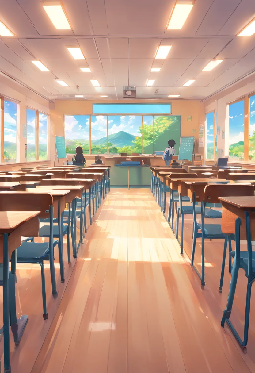 inside school anime , anime class background class, class with students