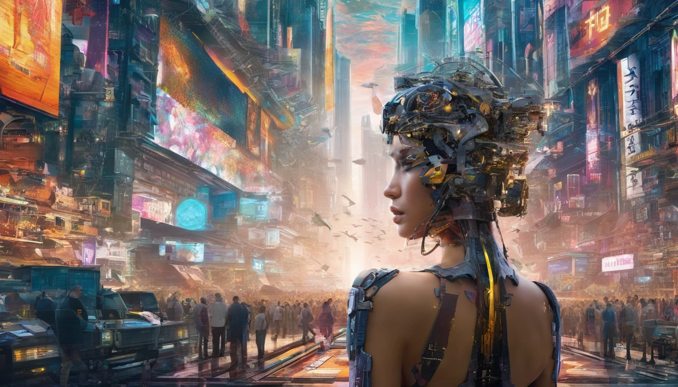 In a futuristic metropolis, Cyborg Woman, Her clothes were torn to shreds, Standing against the backdrop of towering holographic billboards, In a sea of bustling crowds, It shows the fusion of man and machine in the cyberpunk world., digital art, High-resolution rendering,