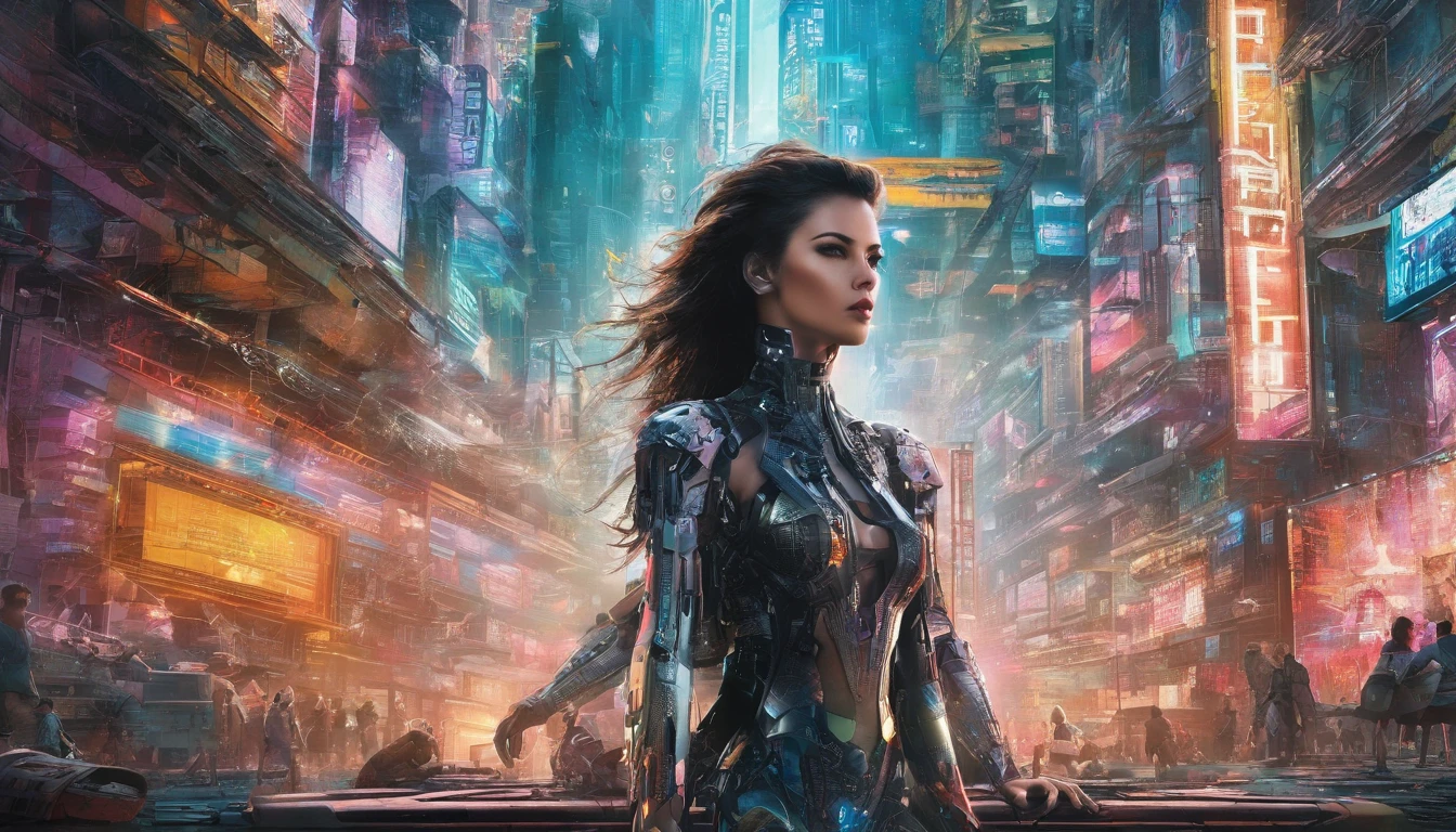 a painting of a woman with a futuristic face and a city in the background, art of alessandro pautasso, intricate digital painting, elaborate digital art, great digital art with details, tristan eaton, amazing detail digital art, dan mumford and alex grey style, digital intricate art, detailed art in color, tristan eaton's wallpaper, intricate oil painting artwork