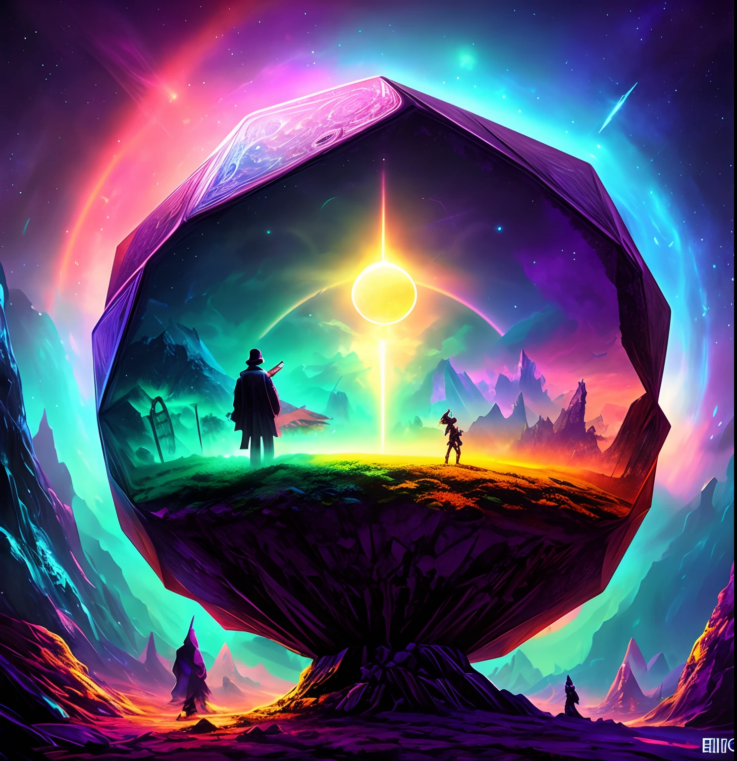 Alien cubes of the cosmic hypercube, Epic Music album cover, arte de fundo, epic surrealism 8k oil painting, album cover concept art, arte do bipe, music album art, inspirado em Cyril Rolando, Dan Mumford Tom Bagshaw, epic stunning atmosphere, Harmonia do Universo, surreal mystical atmosphere, music album cover, Psychedelic, terror, Lovecraft, cores roxas, rainbow colors