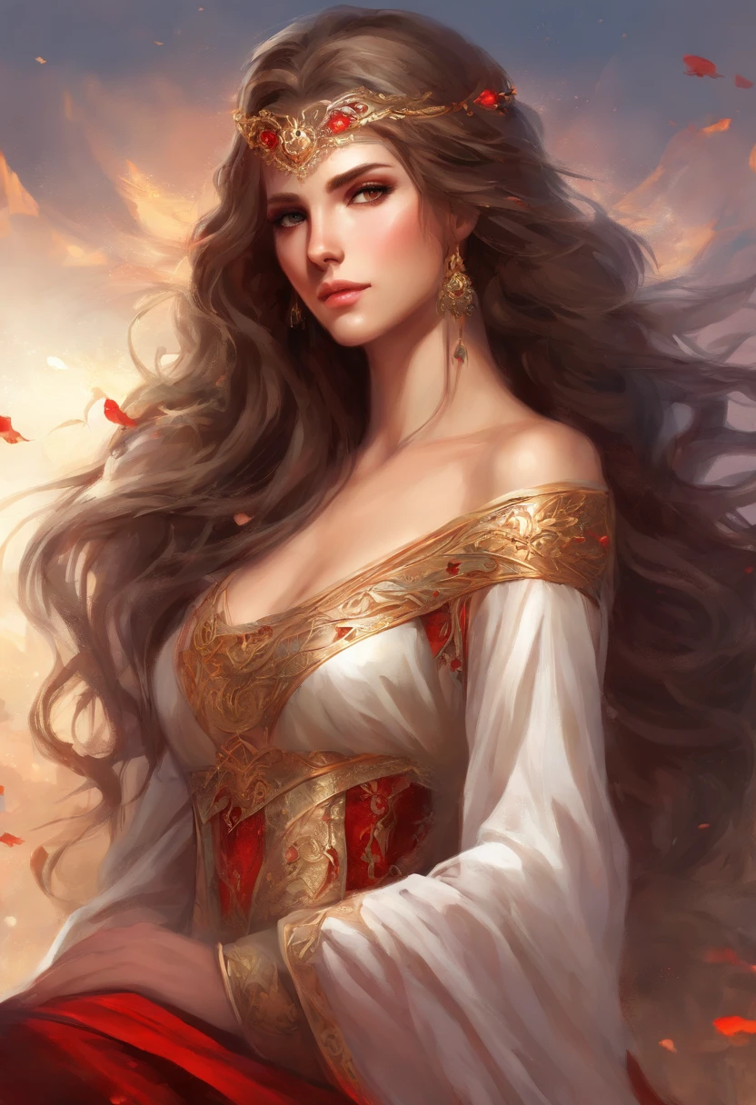 female with long hair, female with wavy hair, female with dark brown hair, female with red eyes, female with striking red eyes, female with pale skin, fair and delicate female, female with toned abdominal muscle, female with gold and black clothes, female with noble European clothes, historical, fully clothed female, female with Aristocratic Dress, female with covered body, female with long and flowing dress, female with toned body, female with red eyes, female with red eye color, female with toned stomach muscle, female with abdominal muscle, matching eye, young, beautiful, soft, sweet, gentle