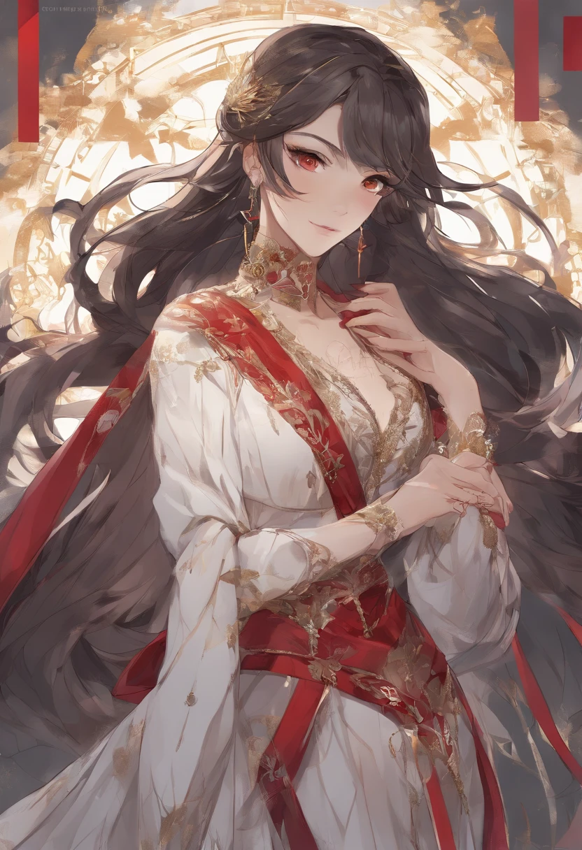 female with long hair, female with wavy hair, female with dark brown hair, female with red eyes, female with striking red eyes, female with pale skin, fair and delicate female, female with toned abdominal muscle, female with gold and black clothes, female with noble European clothes, historical, fully clothed female, female with Aristocratic Dress, female with covered body, female with long and flowing dress, female with toned body, female with red eyes, female with red eye color, female with toned stomach muscle, female with abdominal muscle, matching eye, young, beautiful, soft, sweet, gentle