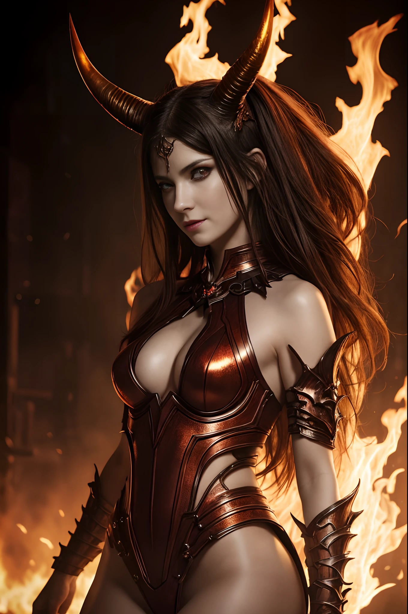 Beautiful mature female demon, horns, tail, cruel smile, pale skin, sexy fetish armor, wreathed in fire, (fiery eyes:1.2), straddling a naked man, temptation, taking your soul, hellscape background, tortured souls, hordes of hell in the distance, (masterpiece), (photorealistic:1.4), RAW photo, best quality, high res, rich colors, backlight, bright sunlight, cinematic lighting, film grain, raw photo, 50mm lens, Nikon D850, warm colors