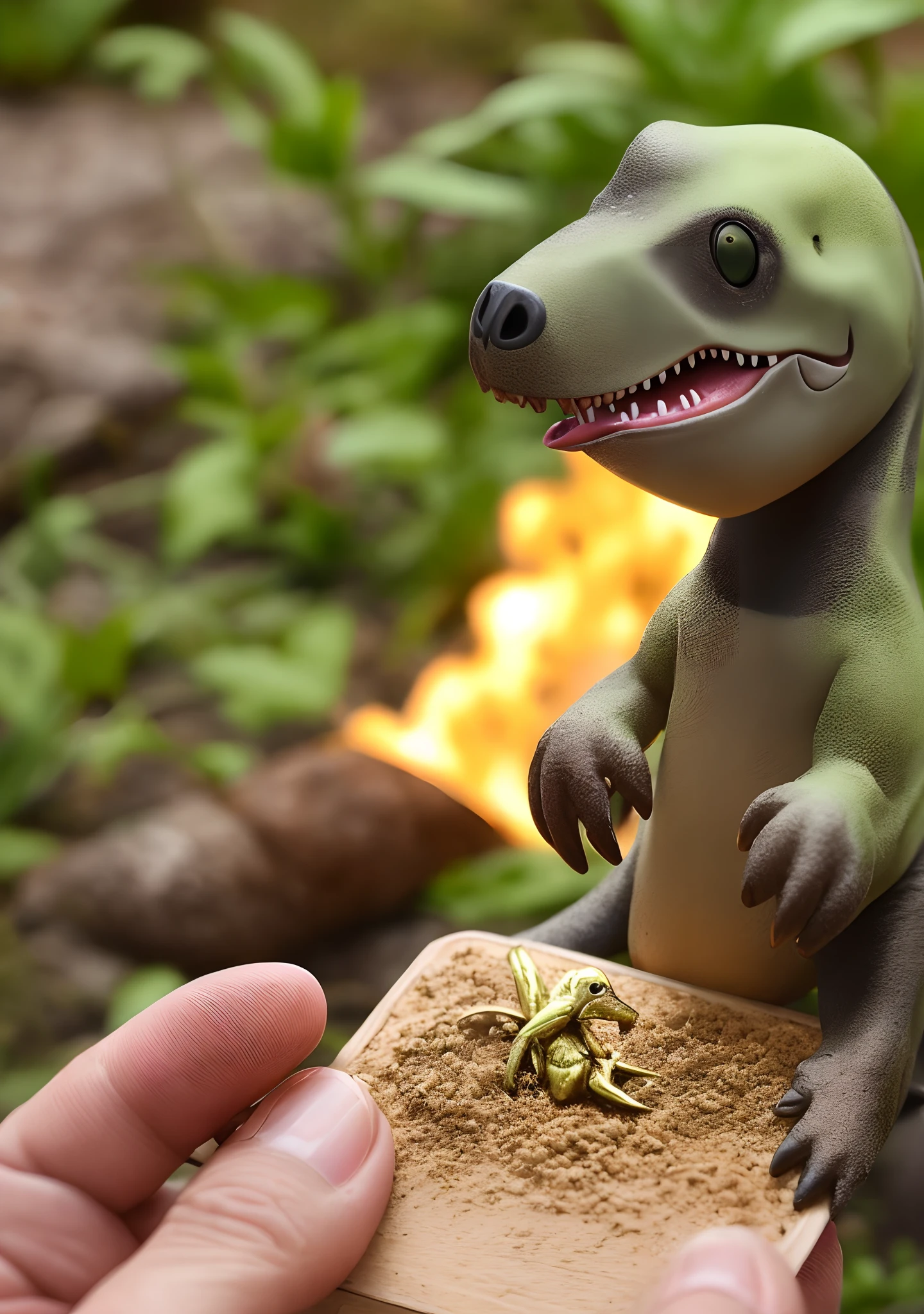 Crie uma desenho de dinossauro vermelho com escamas pontudas com armadura de ouro com olhos amarelos com detalhes em verde musgo soltando fogo pela boca