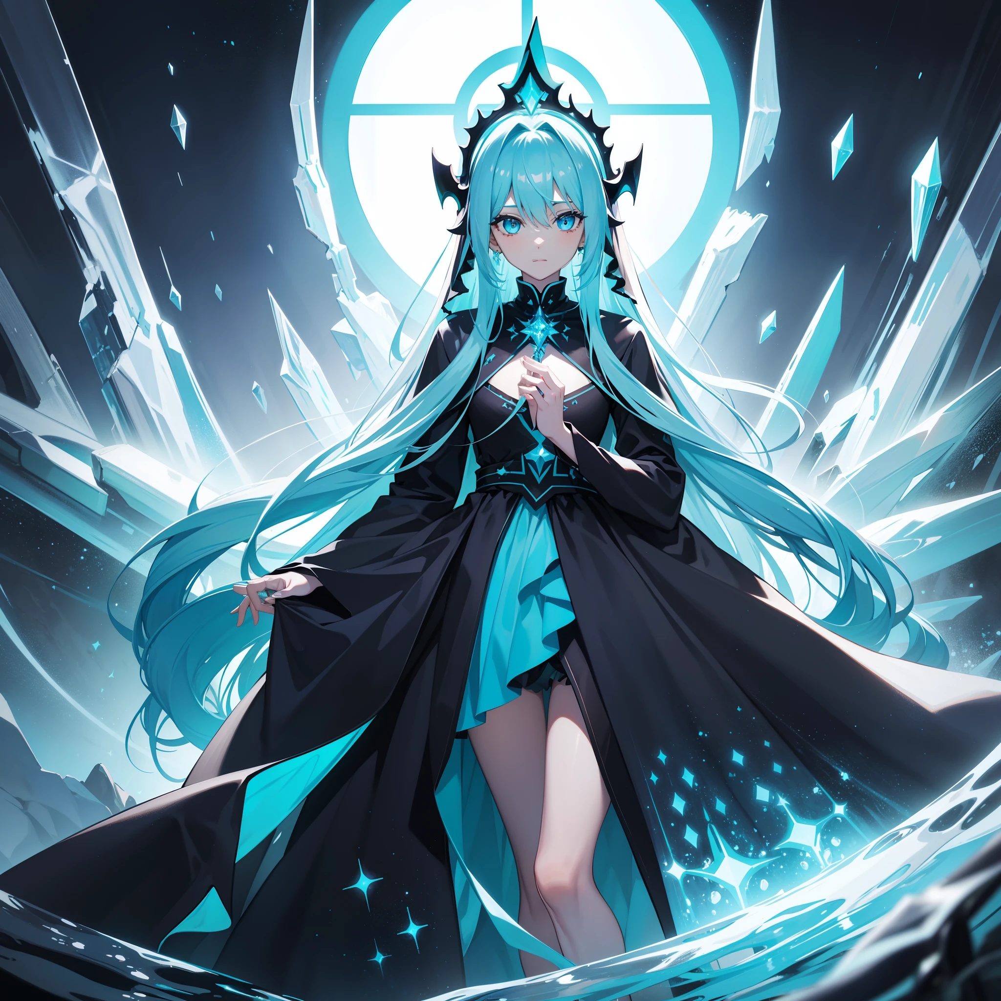 saintess,Long crystal blue hair,Turquoise blue eyes,Black Virgen costume,A reverent look,There is a dazzling light behind him,hands spread wide,