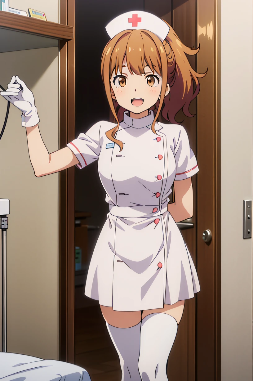 jinno megumi, ponytail, brown hair, brown eyes, solo, nurse, ((white nurse cap, white nurse's outfit)), ((white legwear, zettai ryouiki)), white gloves, smile, open mouth, teeth, standing, hospital room, sharp outline, short sleeves, best quality, masterpiece