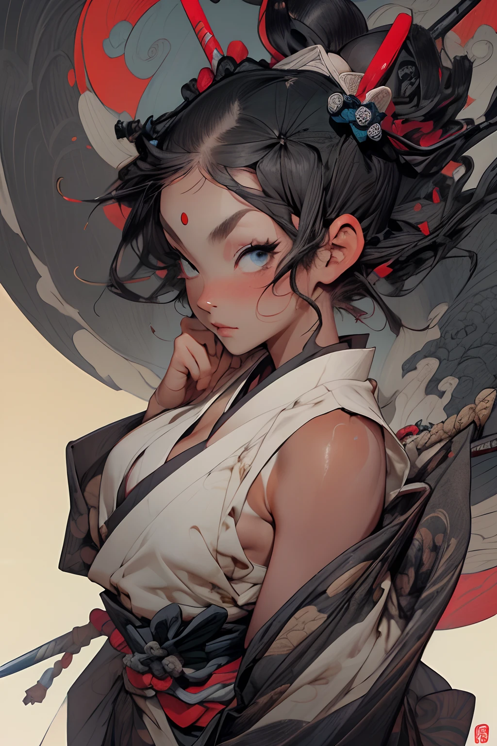 ((Best quality UHD)), ((masterpiece)), (detailed: 1.4), (Absurd), the most beautiful and sexy samura warrior girl, long platinum black hair blowing in the wind, dark african kinetic skin, vibrant glowing blue eyes, hot woman, wearing highly detailed white samurai battle armor and sashimono war flag, sculptural body (((huge enormously gigantic tits, cleavage showing)), tons of tattoos and piercings(((unkempt hair)), very long finely detailed eyelashes, by mucha, niji --V5, close to real, sexy dynamic pose, pastel, centered, scale to fit the dimensions, post apocalyptic Japan, cherry blossoms blowing in the wind, highy detailed background, perfect masterpiece, best quality, best resolution