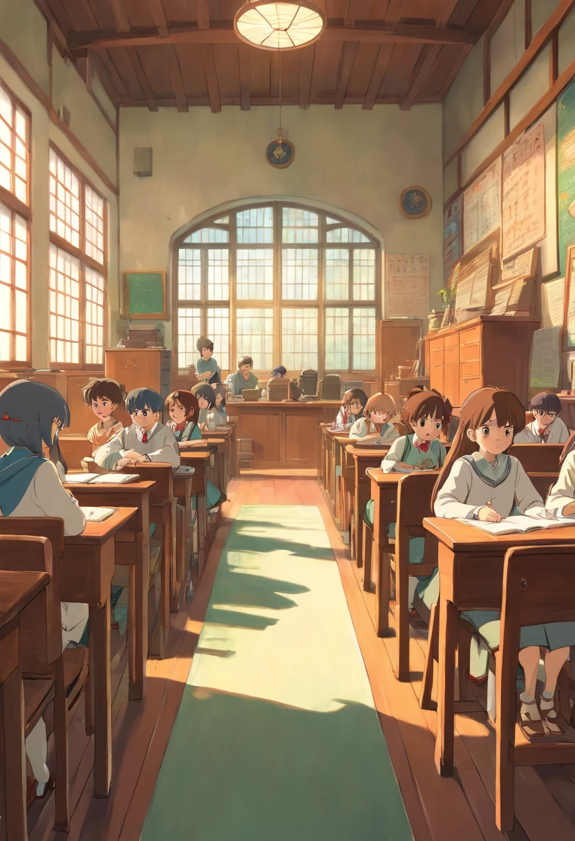 inside school anime , anime class background class, class with students