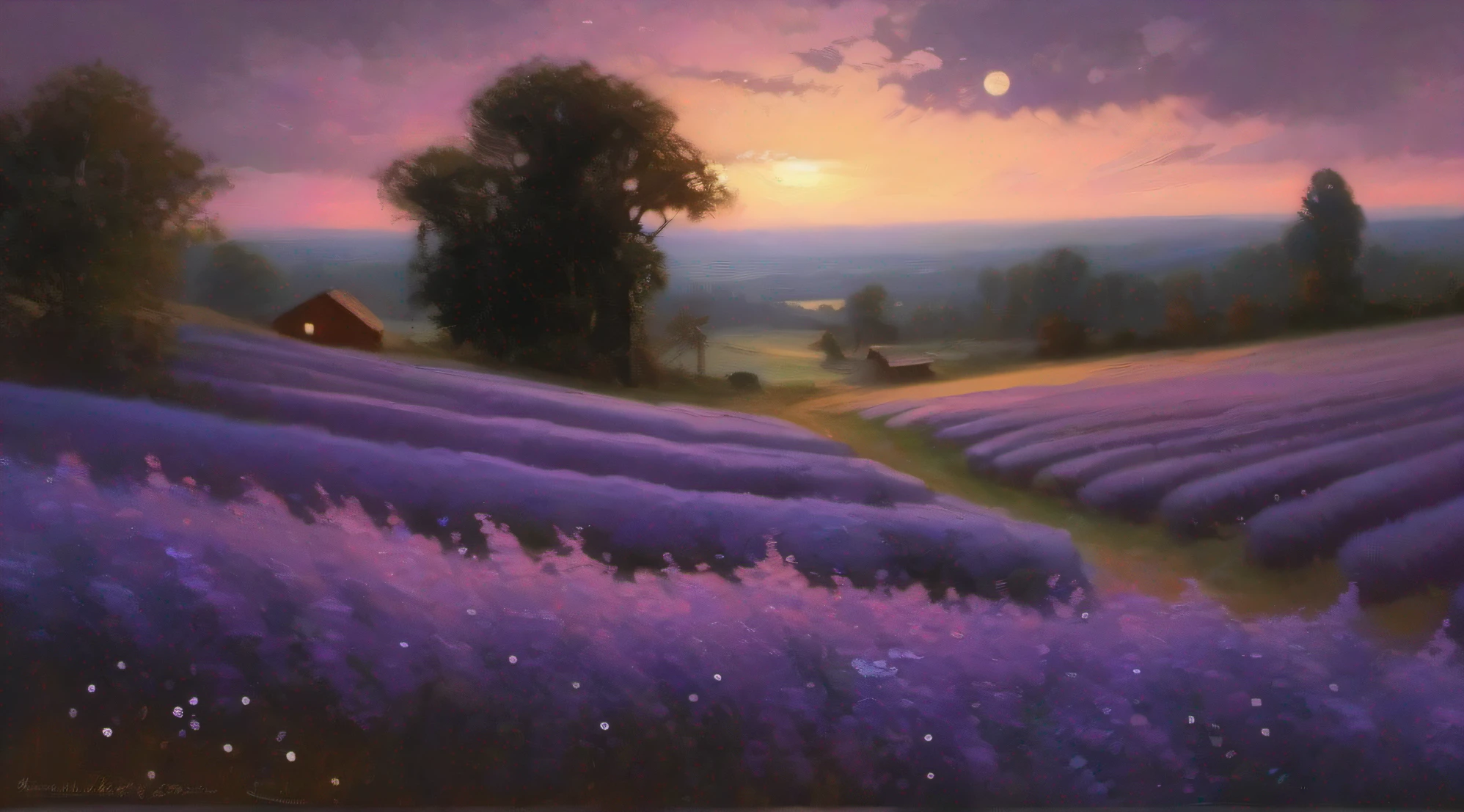 painting of a field of purple flowers with trees in the background, night sky, star night, dark, moon, a lot of stars,  clyde aspevig, painting of lavender field, by Jerry Weiss, inspired by Julian Onderdonk, silvain sarrailh, carlos shwabe, michael alford, inspired by Michael Malm, by Michael Malm, by Charles Harold Davis, james gurney and andreas rocha